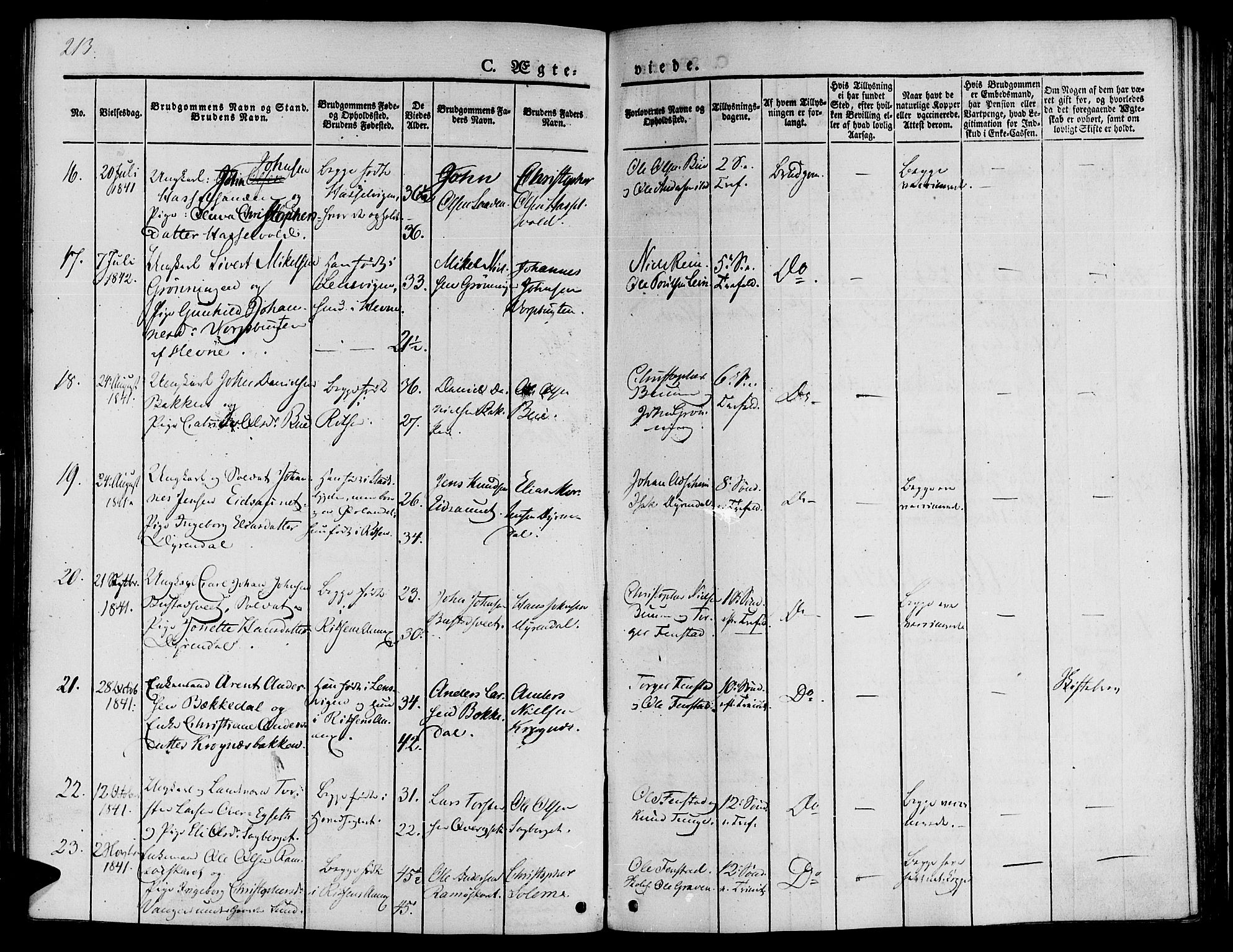 Ministerialprotokoller, klokkerbøker og fødselsregistre - Sør-Trøndelag, SAT/A-1456/646/L0610: Parish register (official) no. 646A08, 1837-1847, p. 213