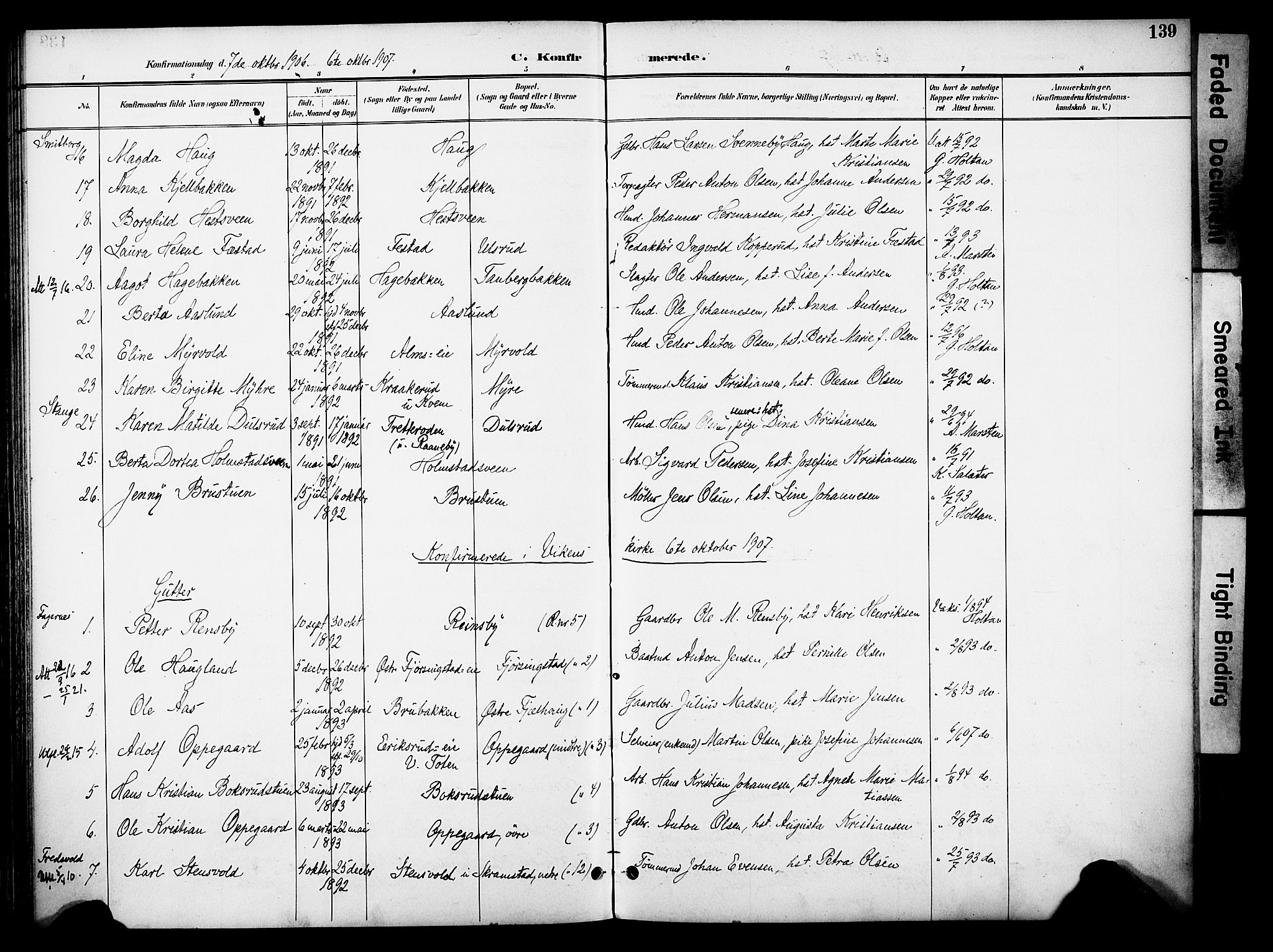 Østre Toten prestekontor, SAH/PREST-104/H/Ha/Haa/L0009: Parish register (official) no. 9, 1897-1913, p. 139