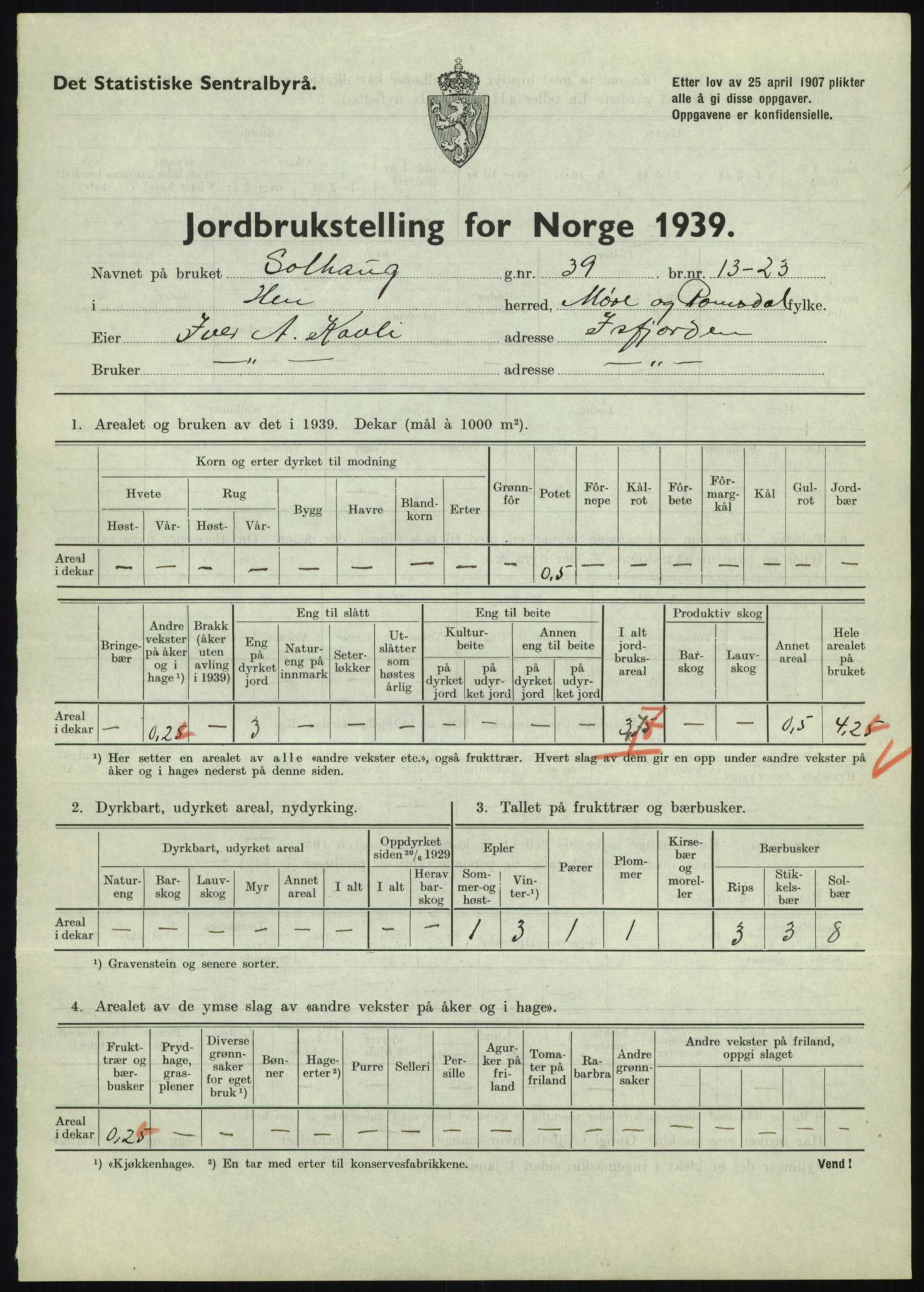 Statistisk sentralbyrå, Næringsøkonomiske emner, Jordbruk, skogbruk, jakt, fiske og fangst, AV/RA-S-2234/G/Gb/L0251: Møre og Romsdal: Voll, Eid, Grytten og Hen, 1939, p. 1063