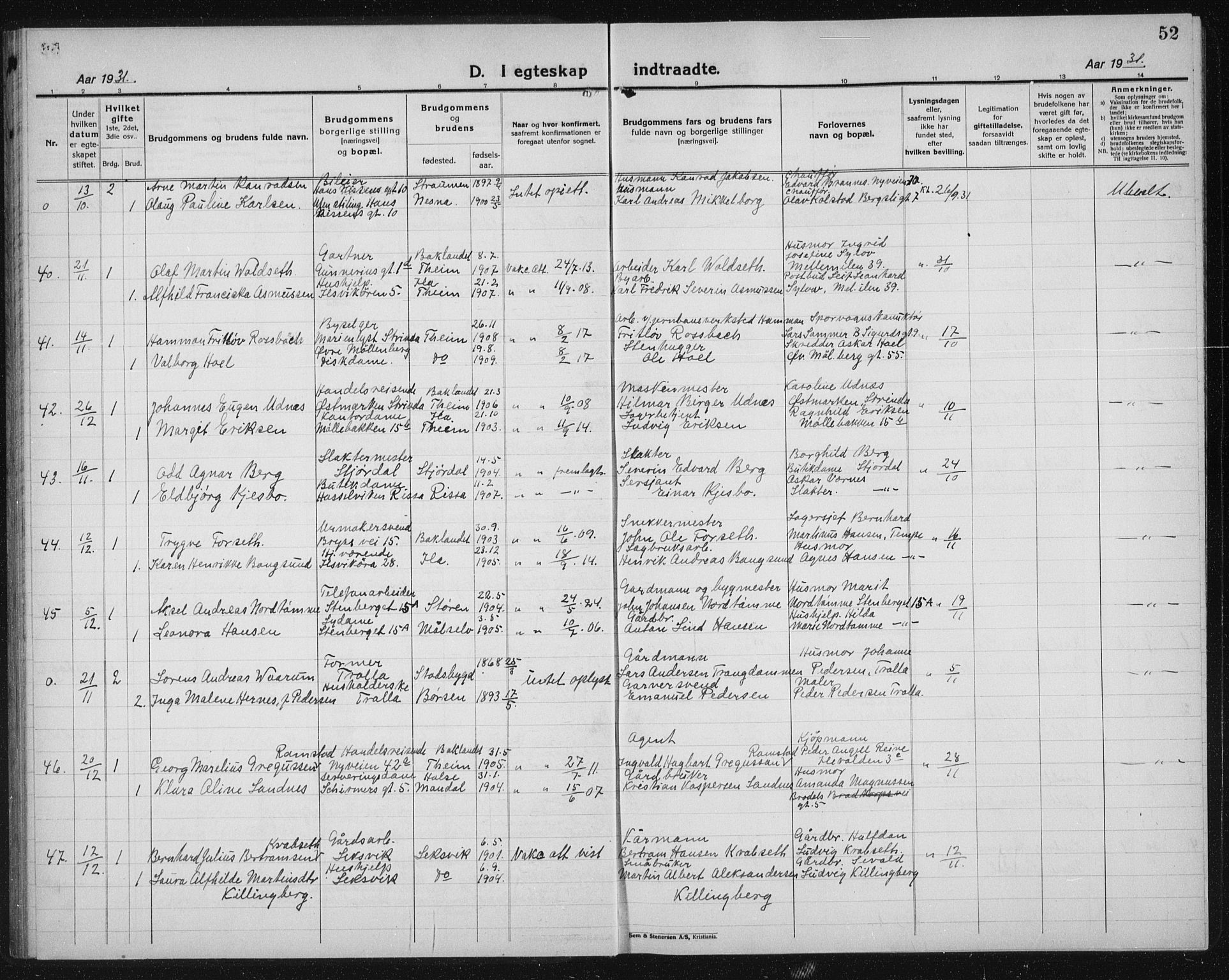 Ministerialprotokoller, klokkerbøker og fødselsregistre - Sør-Trøndelag, AV/SAT-A-1456/603/L0176: Parish register (copy) no. 603C04, 1923-1941, p. 52