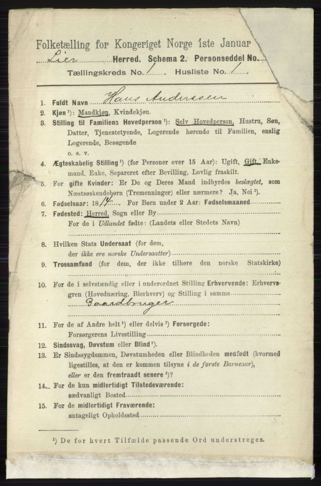 RA, 1891 census for 0626 Lier, 1891, p. 187