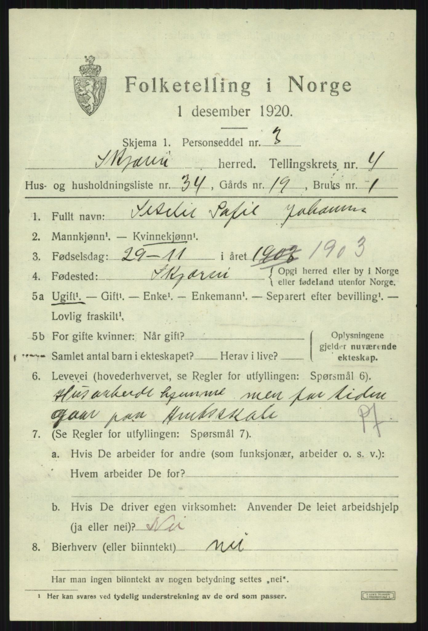 SATØ, 1920 census for Skjervøy, 1920, p. 2889