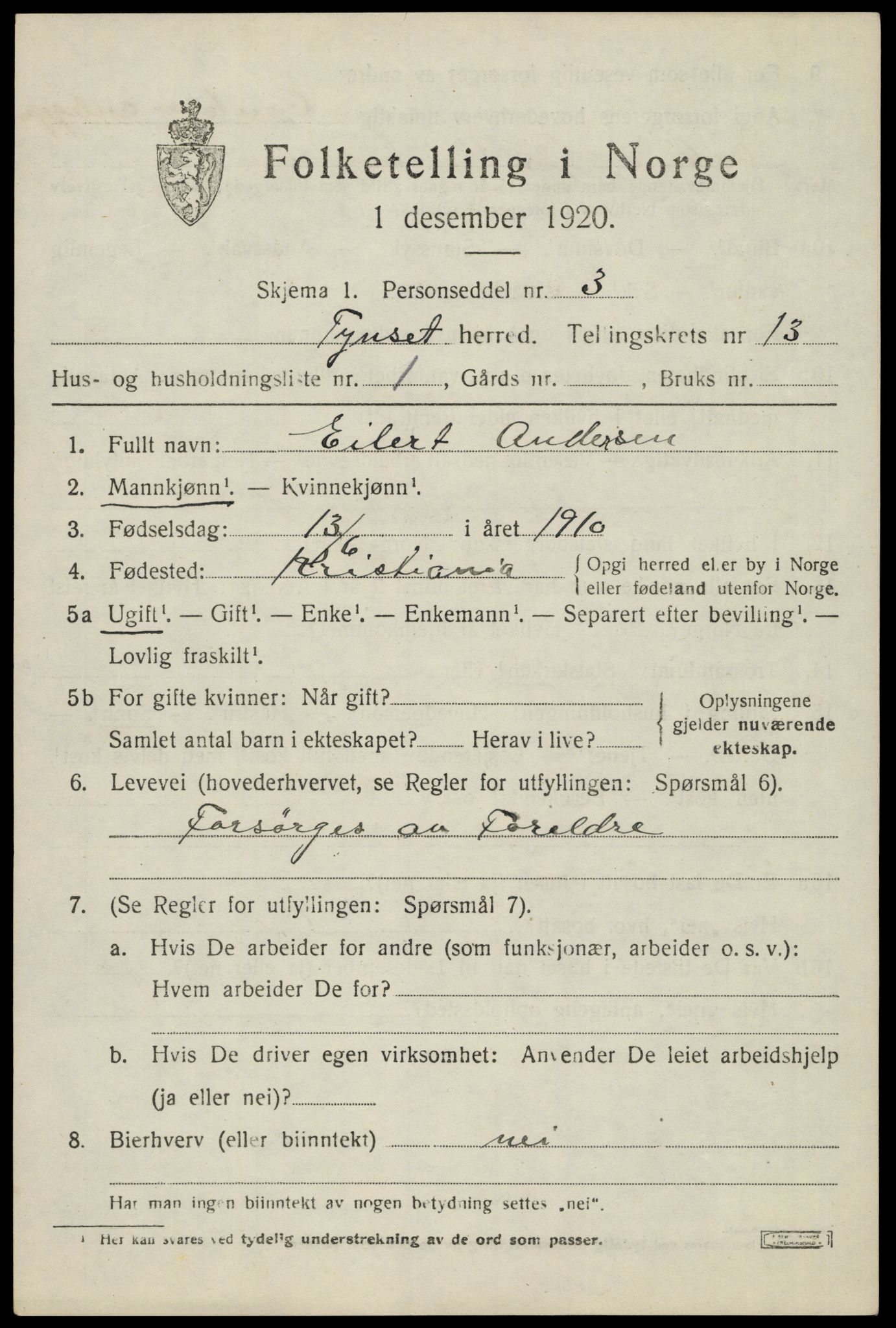 SAH, 1920 census for Tynset, 1920, p. 8502