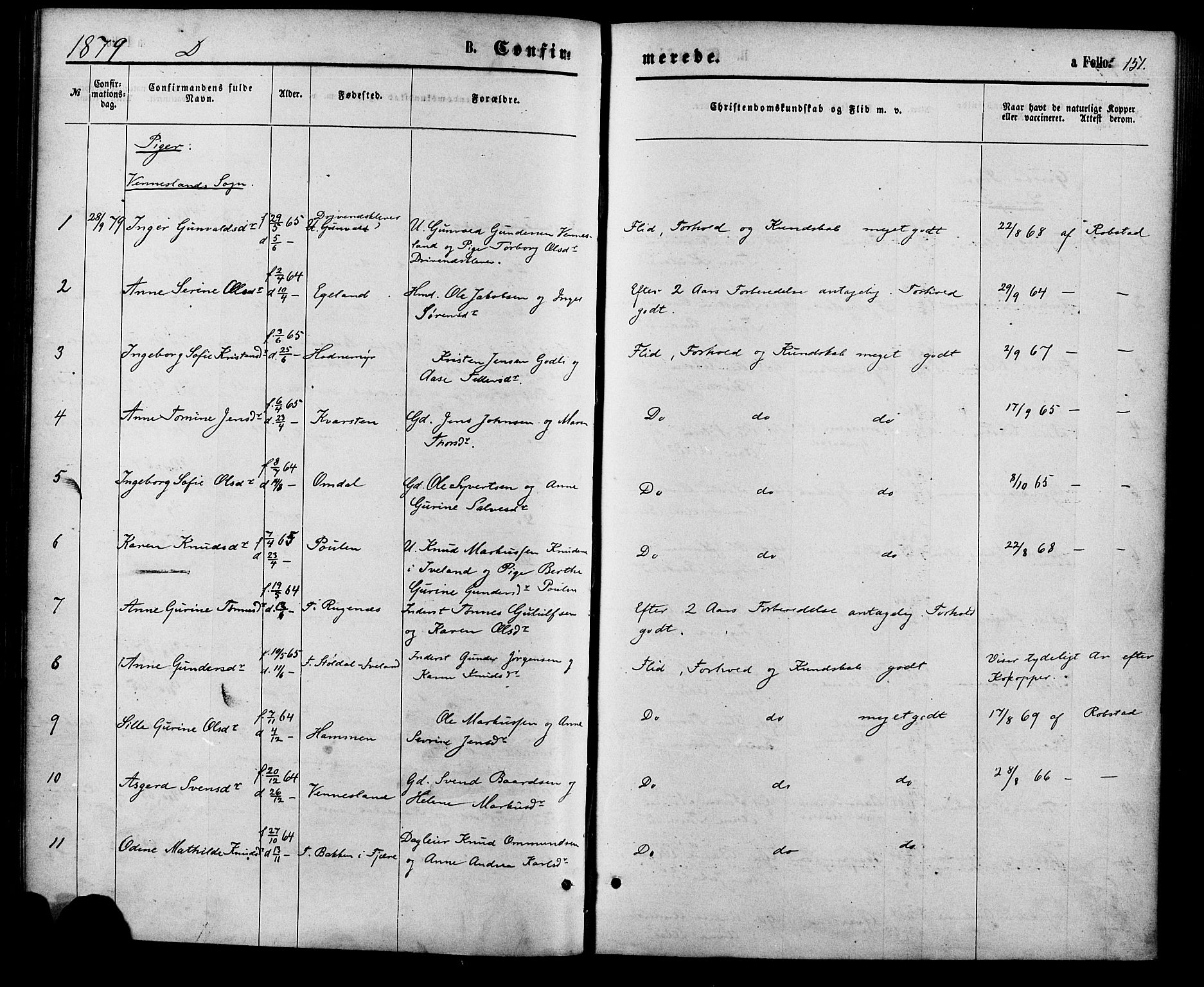 Vennesla sokneprestkontor, AV/SAK-1111-0045/Fa/Fac/L0008: Parish register (official) no. A 8, 1874-1883, p. 151