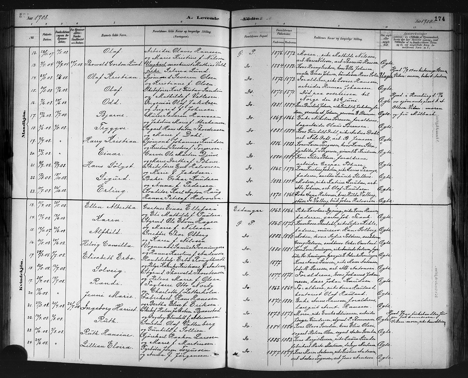 Porsgrunn kirkebøker , SAKO/A-104/G/Gb/L0005: Parish register (copy) no. II 5, 1883-1915, p. 174