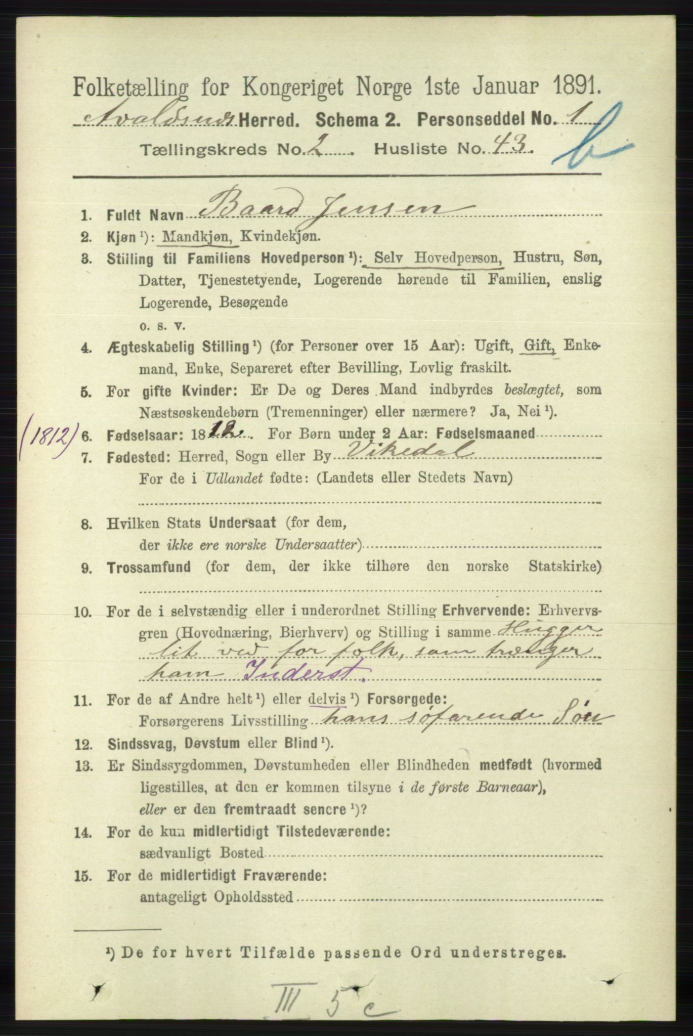 RA, 1891 census for 1147 Avaldsnes, 1891, p. 2210