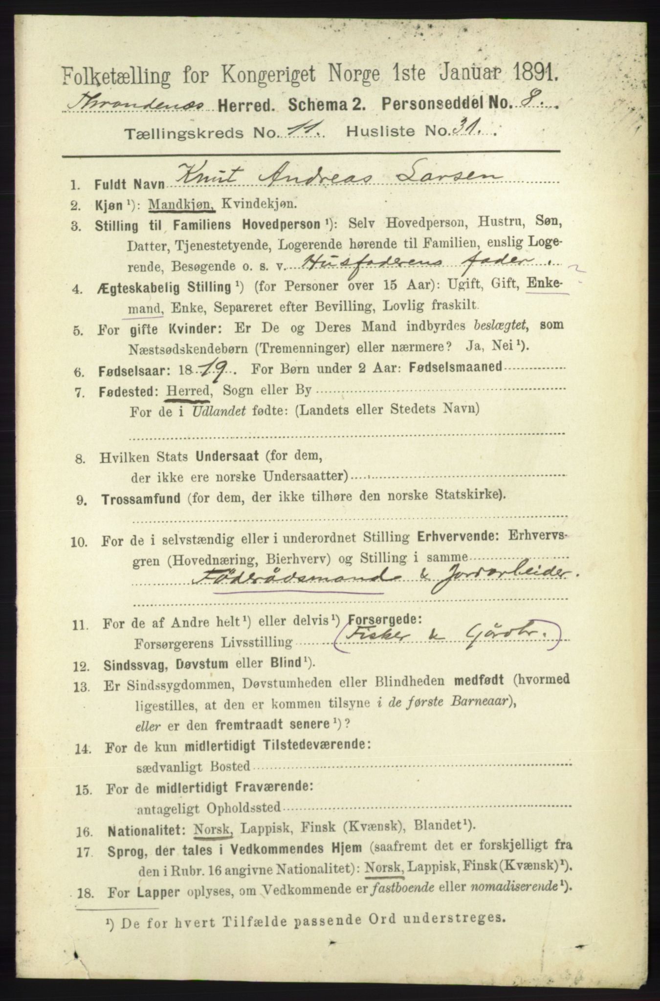 RA, 1891 census for 1914 Trondenes, 1891, p. 8208