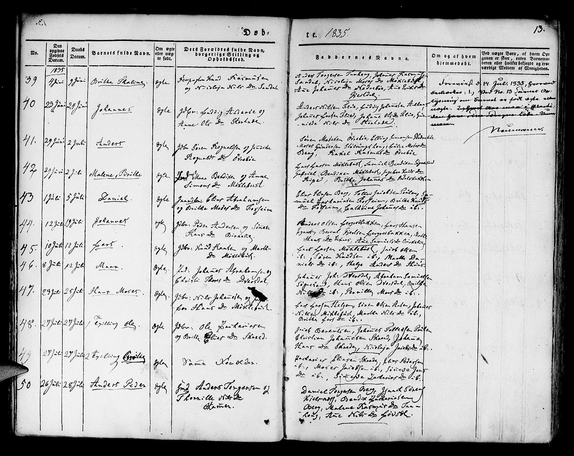 Jølster sokneprestembete, AV/SAB-A-80701/H/Haa/Haaa/L0009: Parish register (official) no. A 9, 1833-1848, p. 13