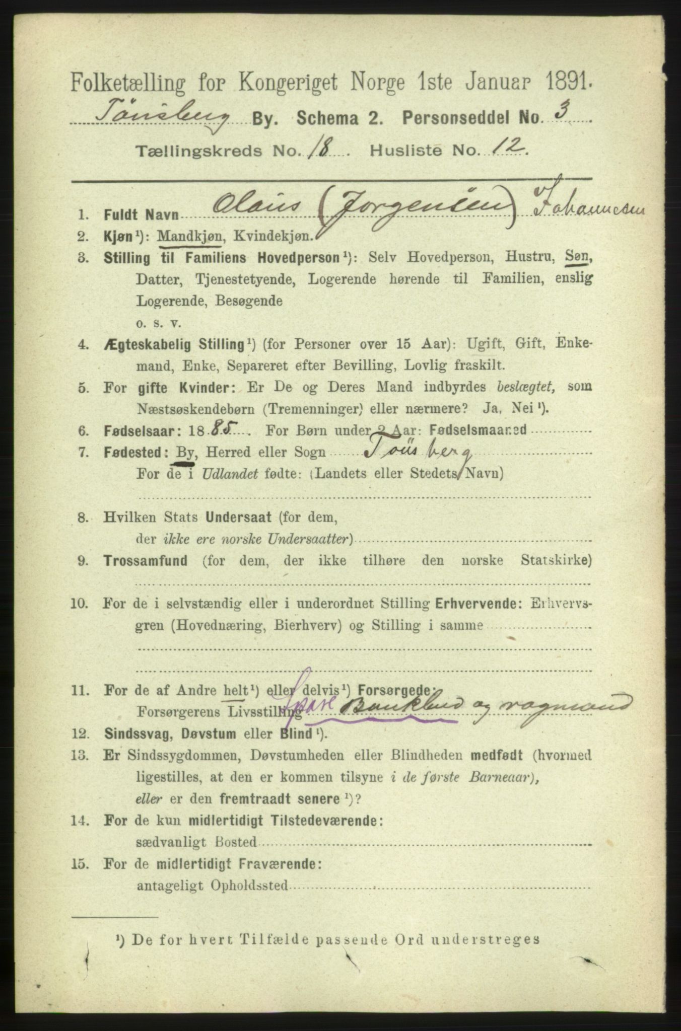 RA, 1891 census for 0705 Tønsberg, 1891, p. 5210