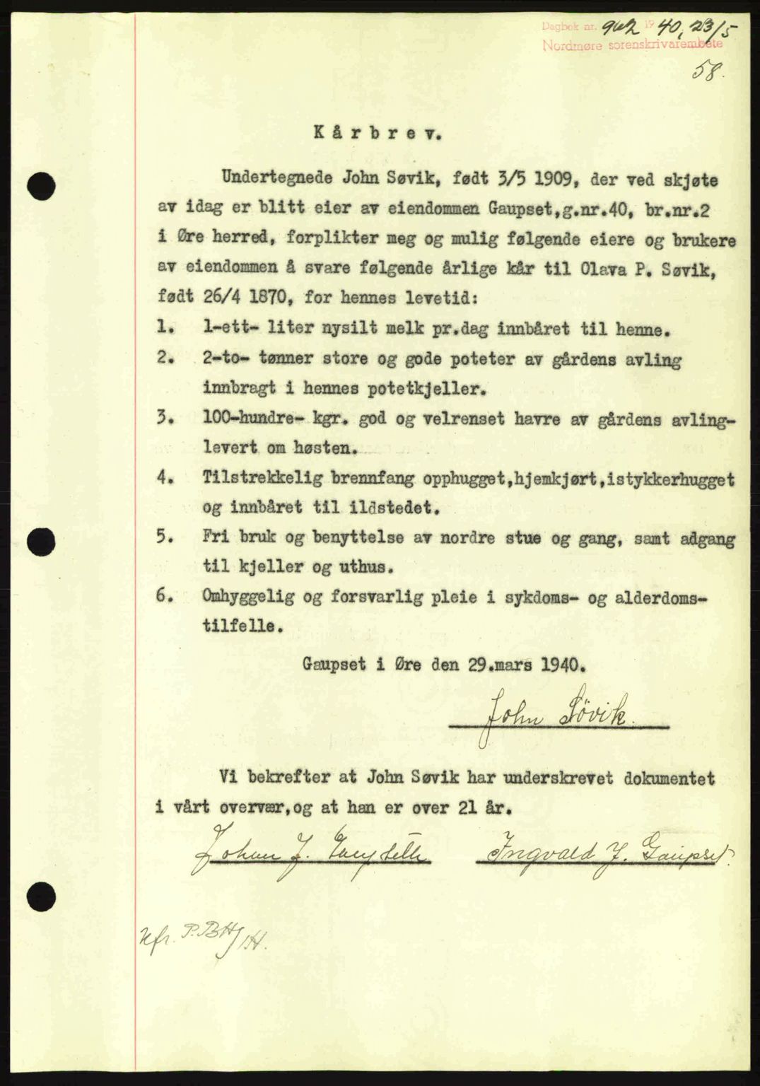 Nordmøre sorenskriveri, AV/SAT-A-4132/1/2/2Ca: Mortgage book no. B87, 1940-1941, Diary no: : 962/1940