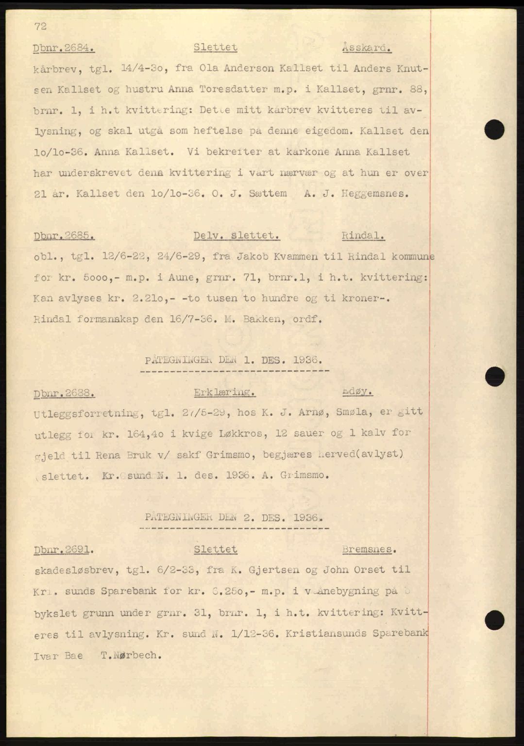 Nordmøre sorenskriveri, AV/SAT-A-4132/1/2/2Ca: Mortgage book no. C80, 1936-1939, Diary no: : 2684/1936