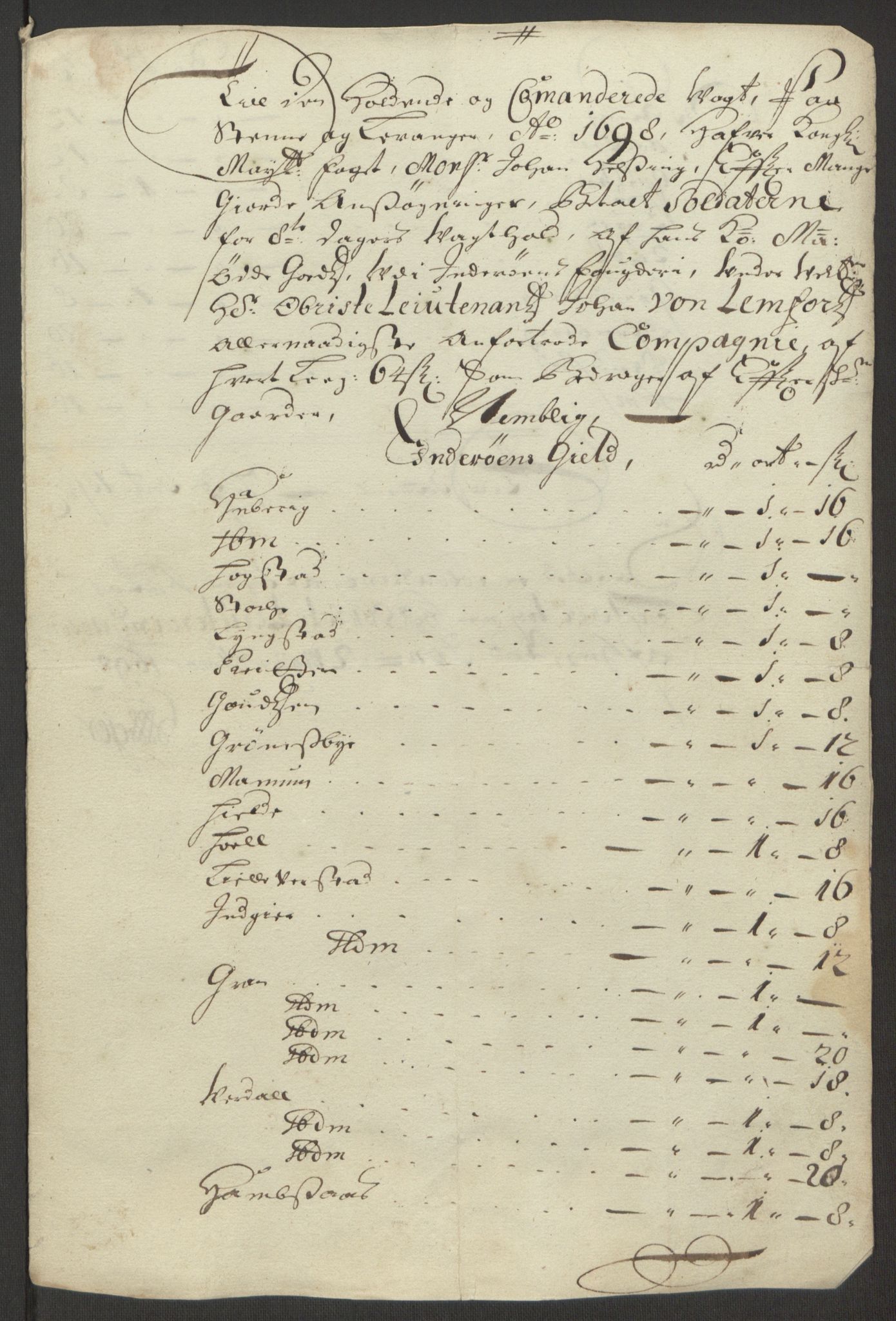 Rentekammeret inntil 1814, Reviderte regnskaper, Fogderegnskap, RA/EA-4092/R63/L4309: Fogderegnskap Inderøy, 1695-1697, p. 561