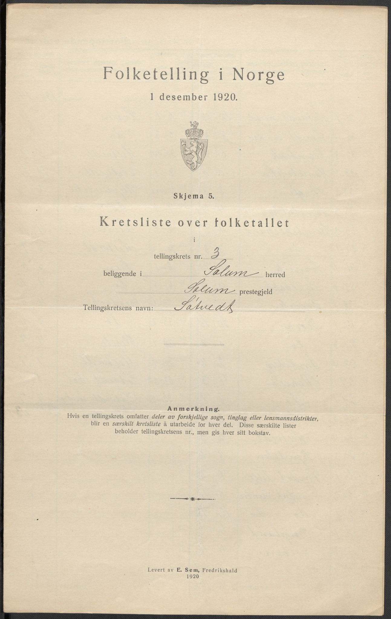 SAKO, 1920 census for Solum, 1920, p. 20