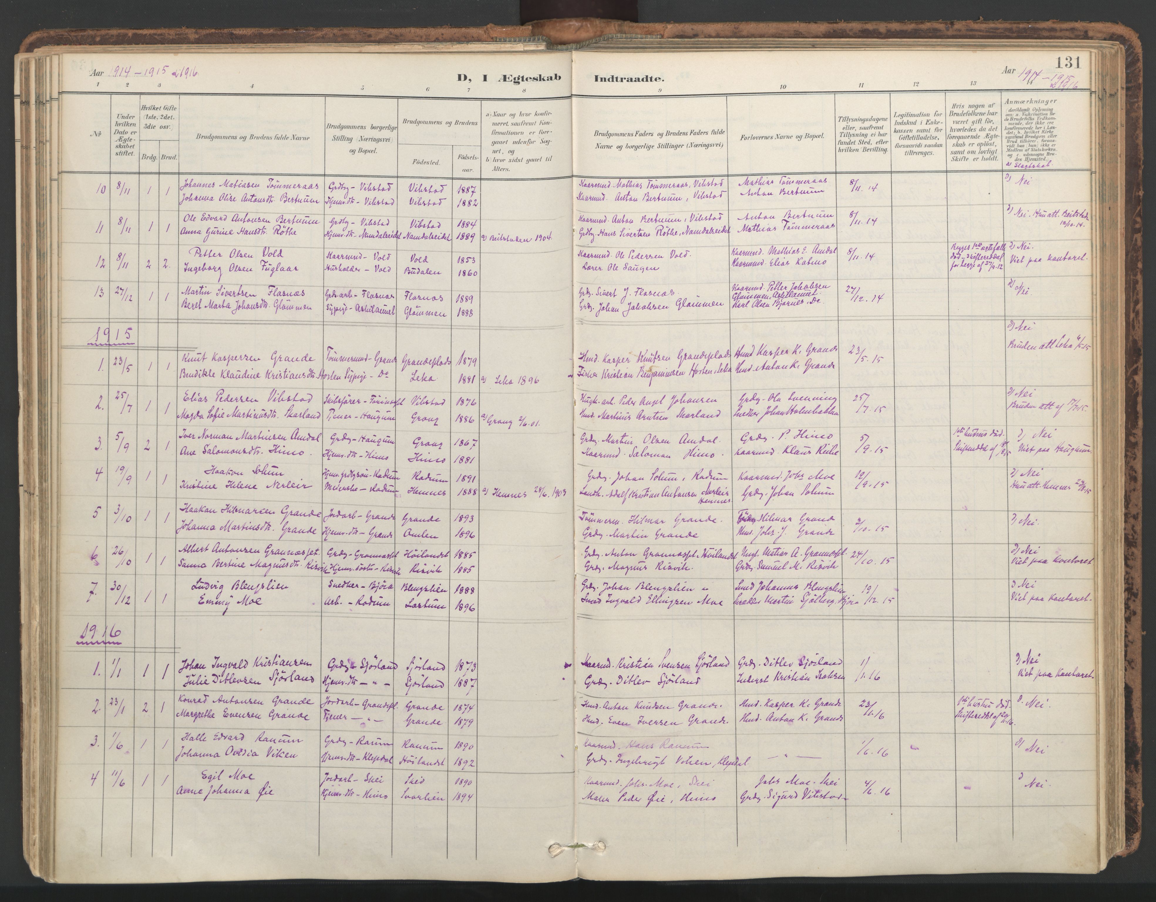 Ministerialprotokoller, klokkerbøker og fødselsregistre - Nord-Trøndelag, AV/SAT-A-1458/764/L0556: Parish register (official) no. 764A11, 1897-1924, p. 131