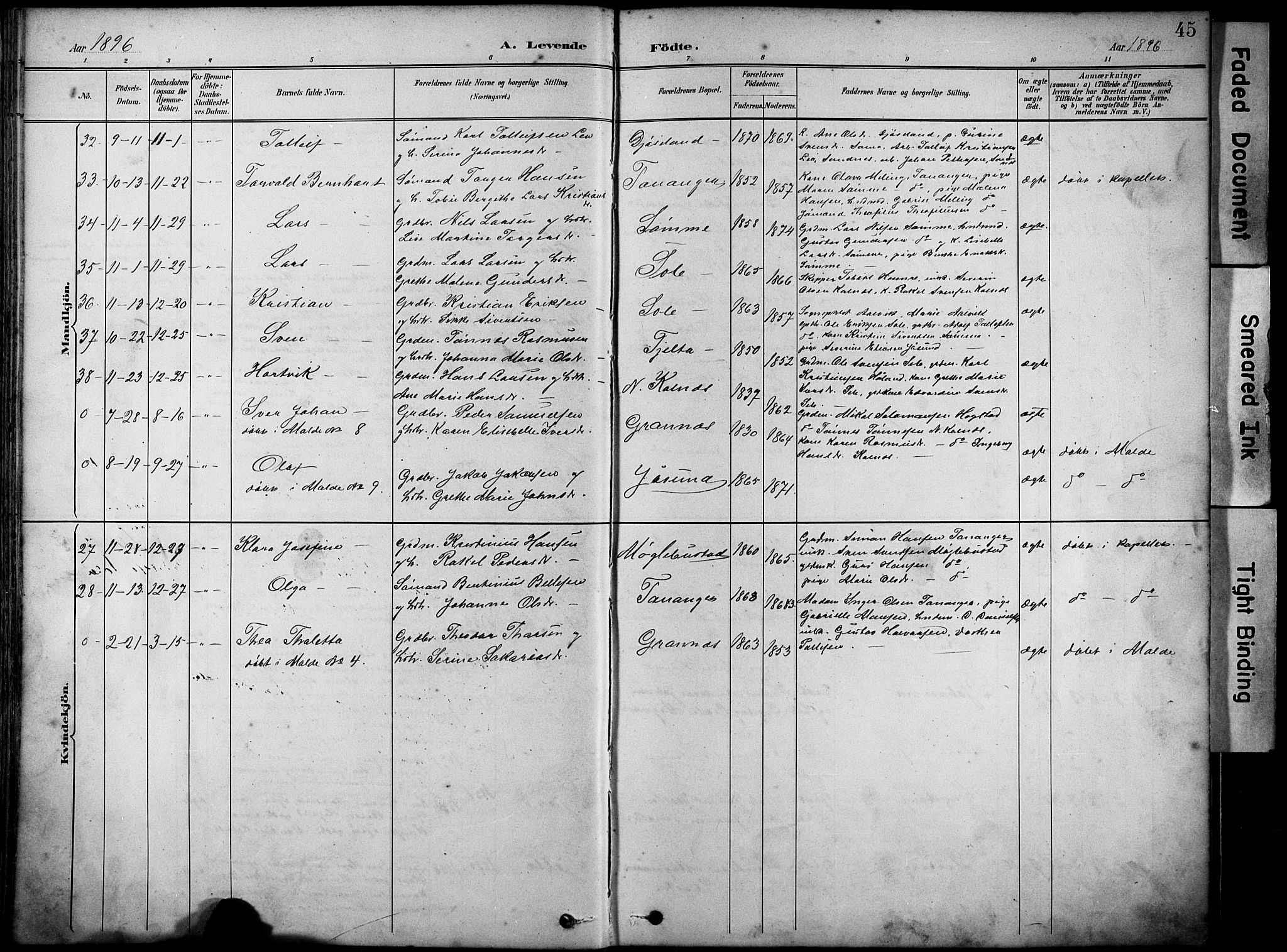 Håland sokneprestkontor, AV/SAST-A-101802/001/30BA/L0012: Parish register (official) no. A 11, 1889-1900, p. 45