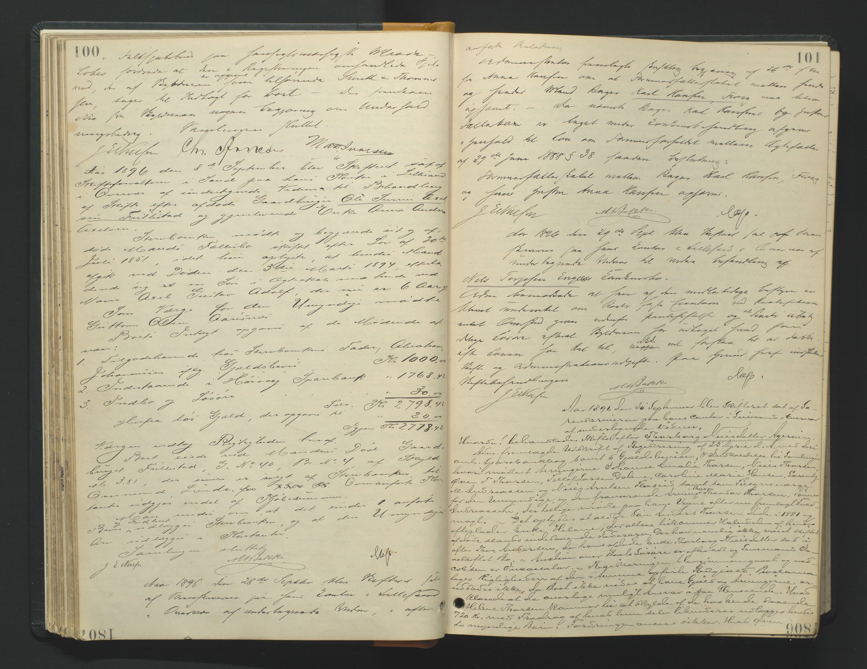 Vestre Nedenes/Sand sorenskriveri, AV/SAK-1221-0010/H/Hc/L0007: Skifteforhandlingsprotokoll nr. 5, 1894-1916, p. 100-101