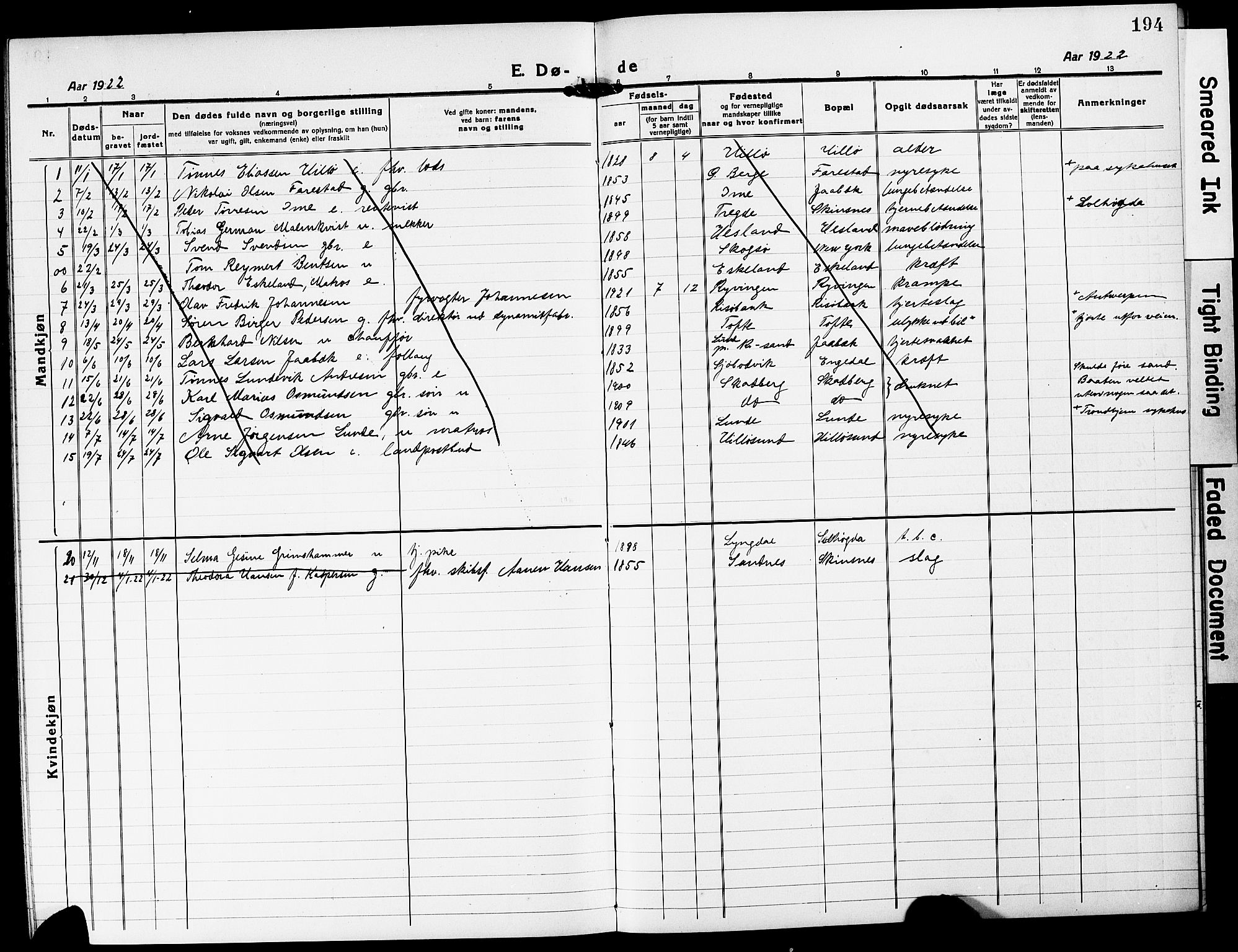 Mandal sokneprestkontor, SAK/1111-0030/F/Fb/Fba/L0013: Parish register (copy) no. B 7, 1918-1931, p. 194