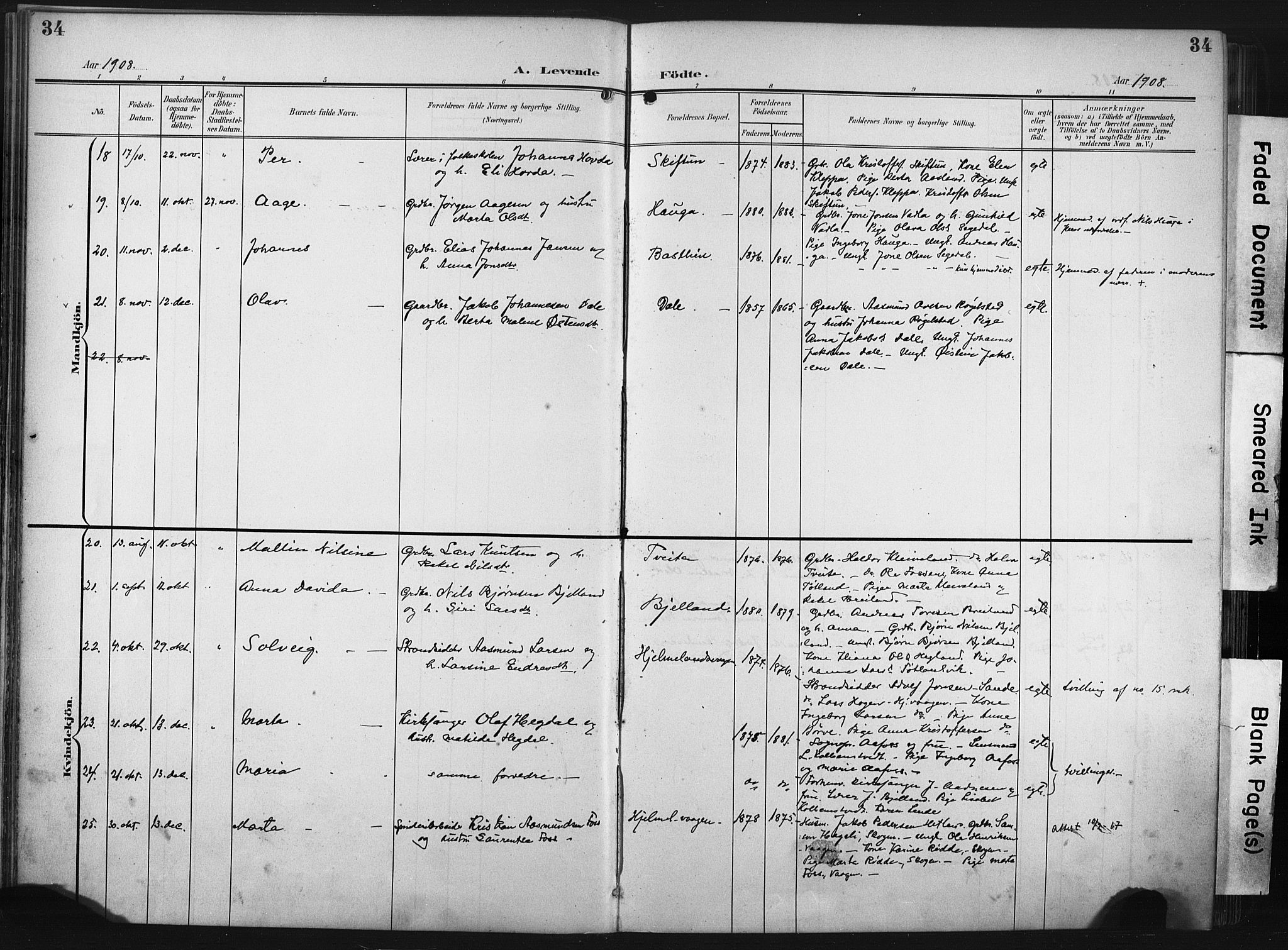 Hjelmeland sokneprestkontor, AV/SAST-A-101843/02/A/L0002: Parish register (official) no. A 17, 1901-1916, p. 34