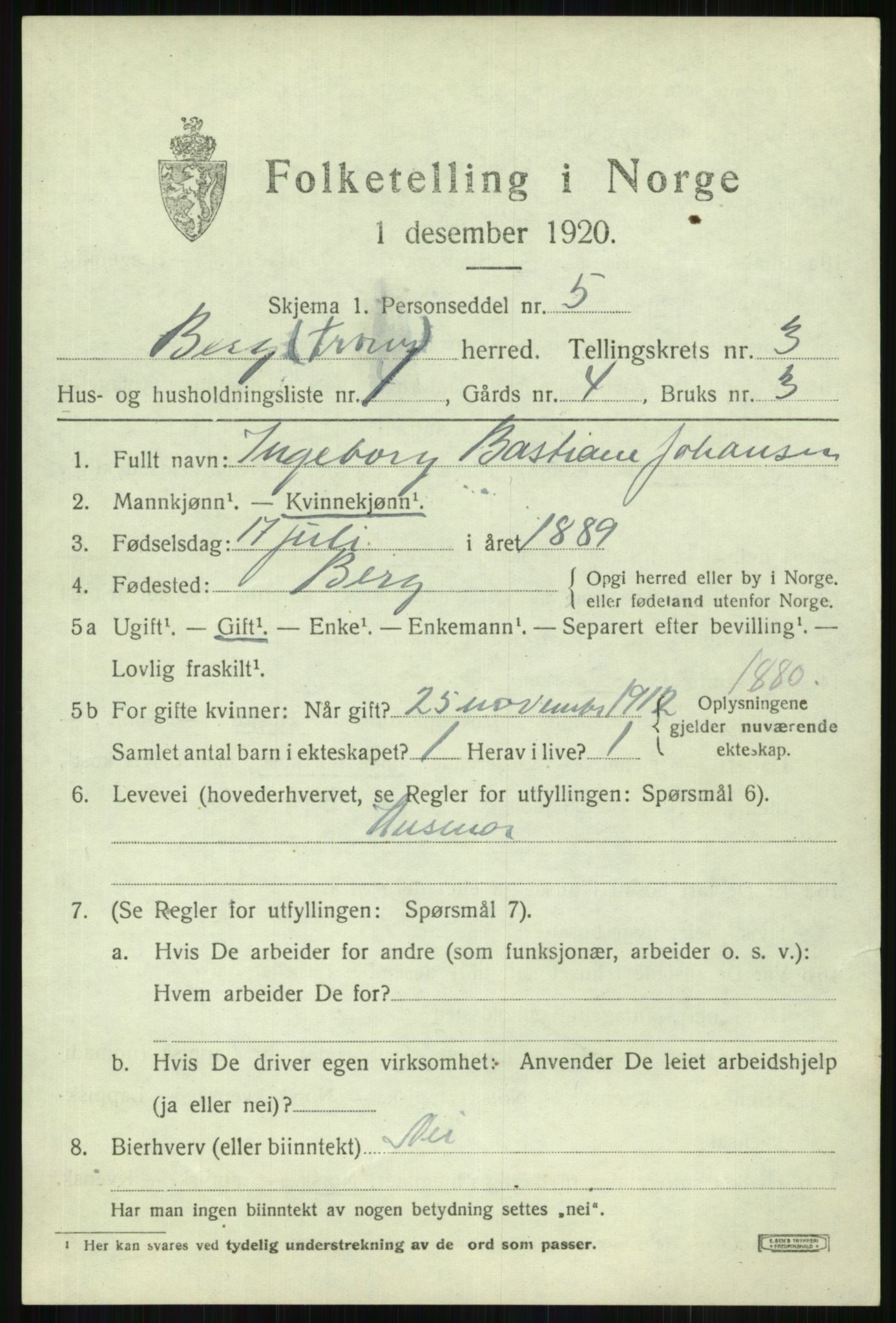 SATØ, 1920 census for Berg, 1920, p. 1238