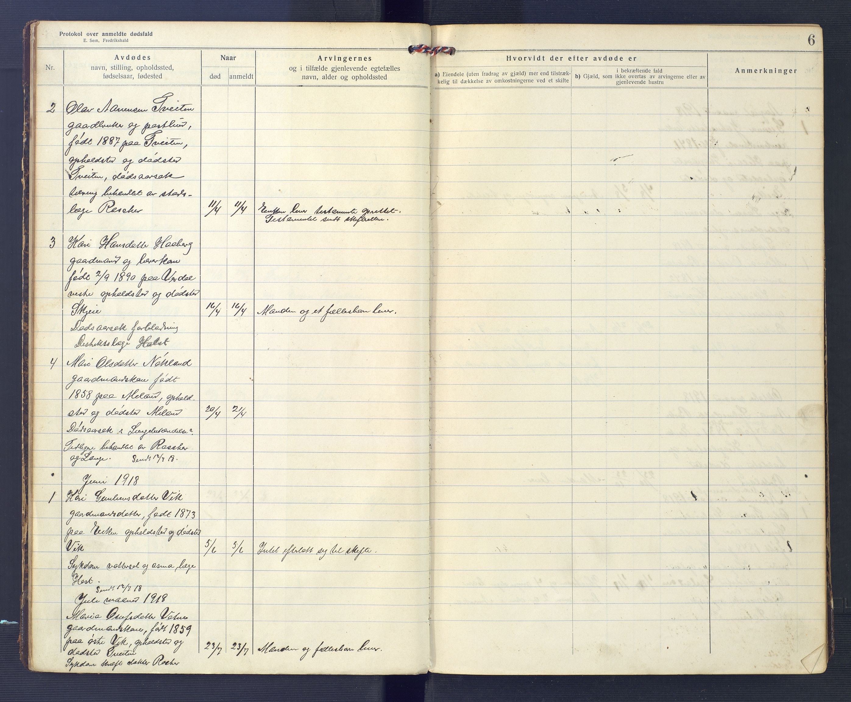 Hægebostad og Eiken lensmannskontor, AV/SAK-1241-0023/F/Fe/L0002: Dødsfallsprotokoll nr 34, 1917-1932, p. 6