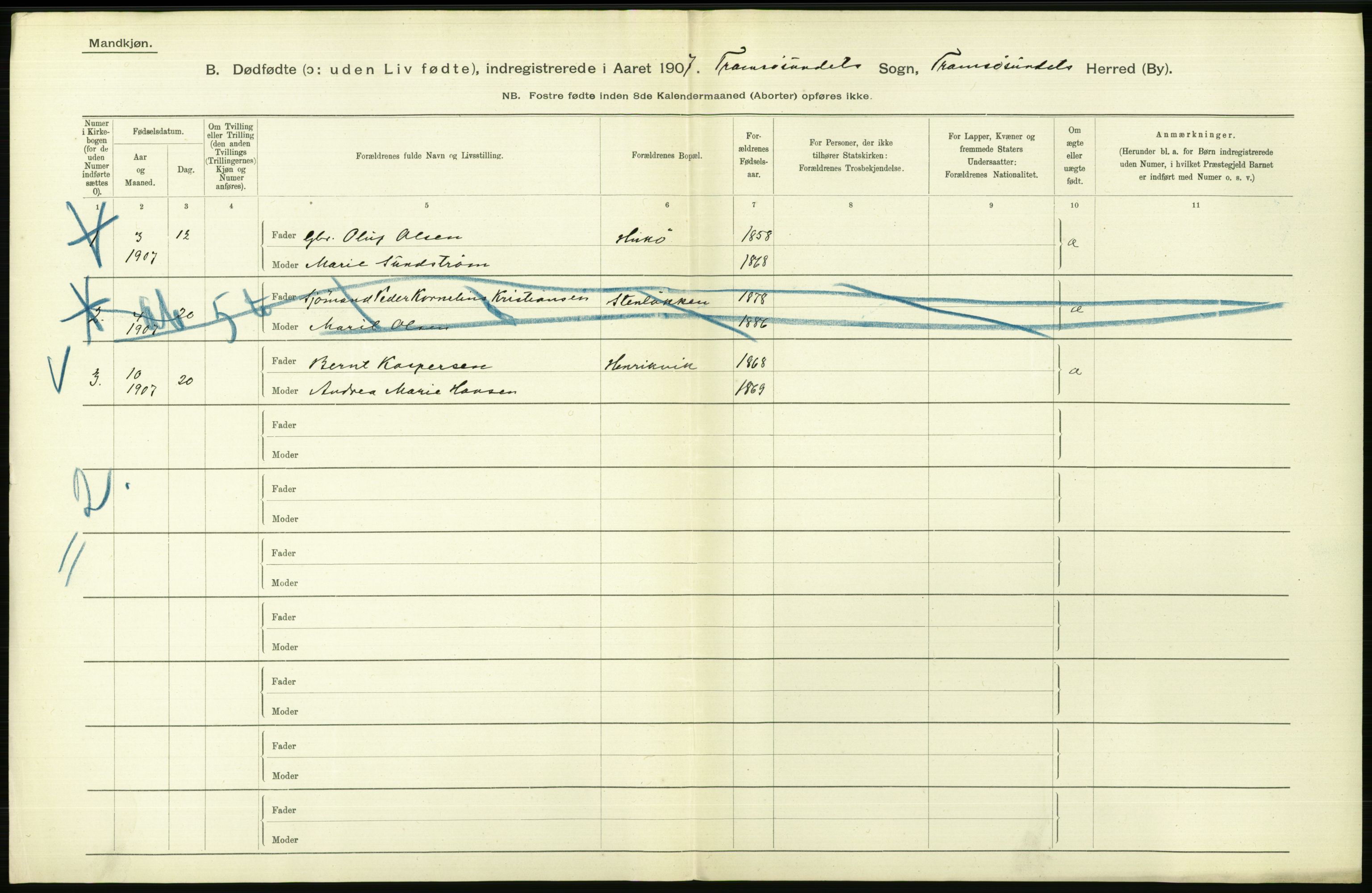 Statistisk sentralbyrå, Sosiodemografiske emner, Befolkning, AV/RA-S-2228/D/Df/Dfa/Dfae/L0047: Tromsø amt: Gifte, døde, dødfødte. Bygder og byer., 1907, p. 446