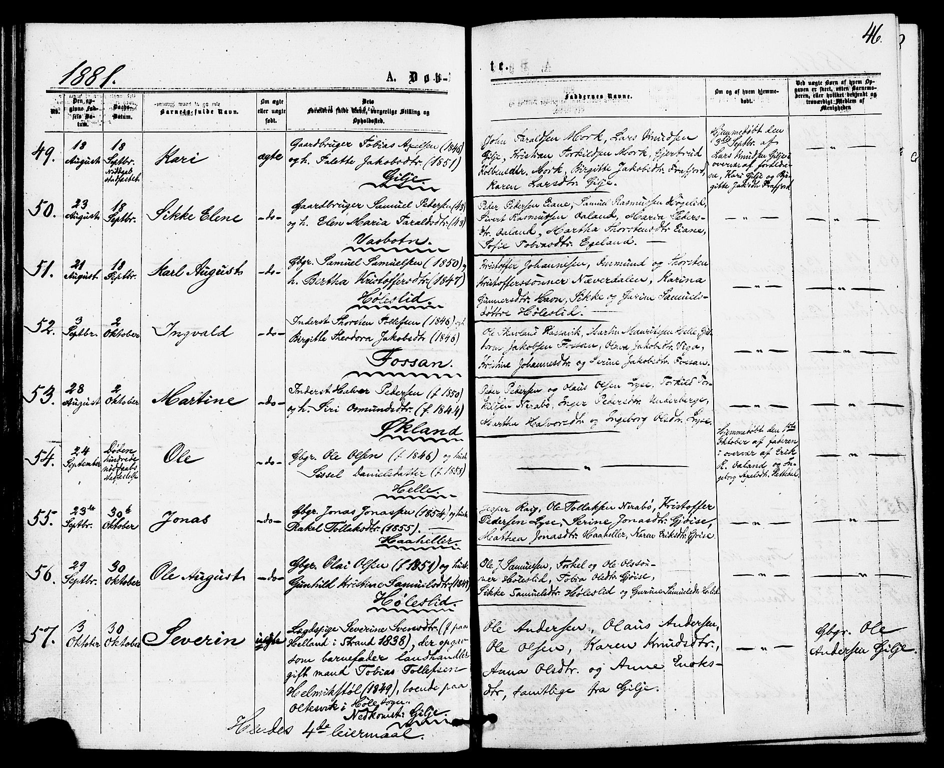 Høgsfjord sokneprestkontor, SAST/A-101624/H/Ha/Haa/L0004: Parish register (official) no. A 4, 1876-1884, p. 46