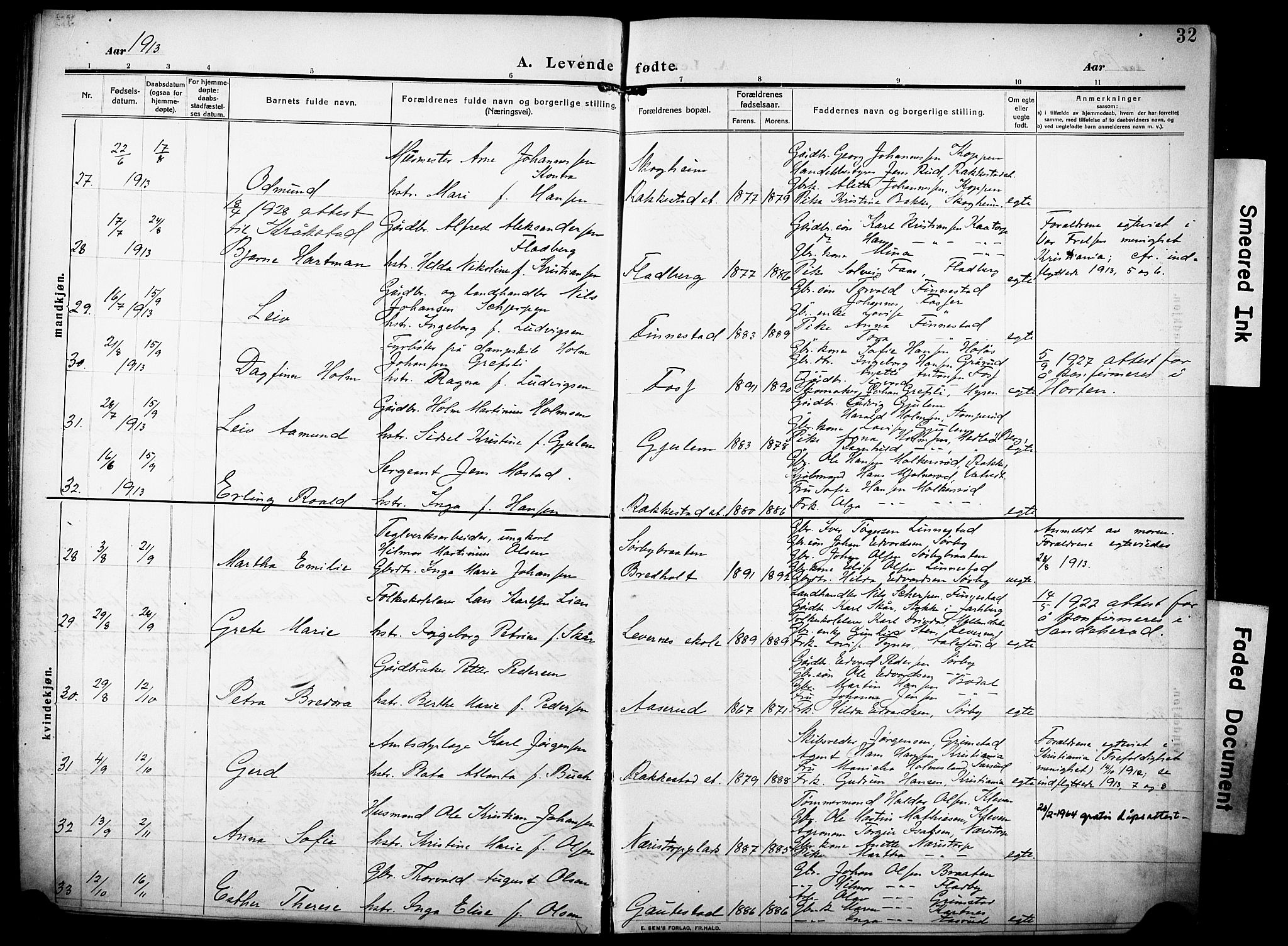 Rakkestad prestekontor Kirkebøker, AV/SAO-A-2008/F/Fa/L0015: Parish register (official) no. I 15, 1909-1922, p. 32