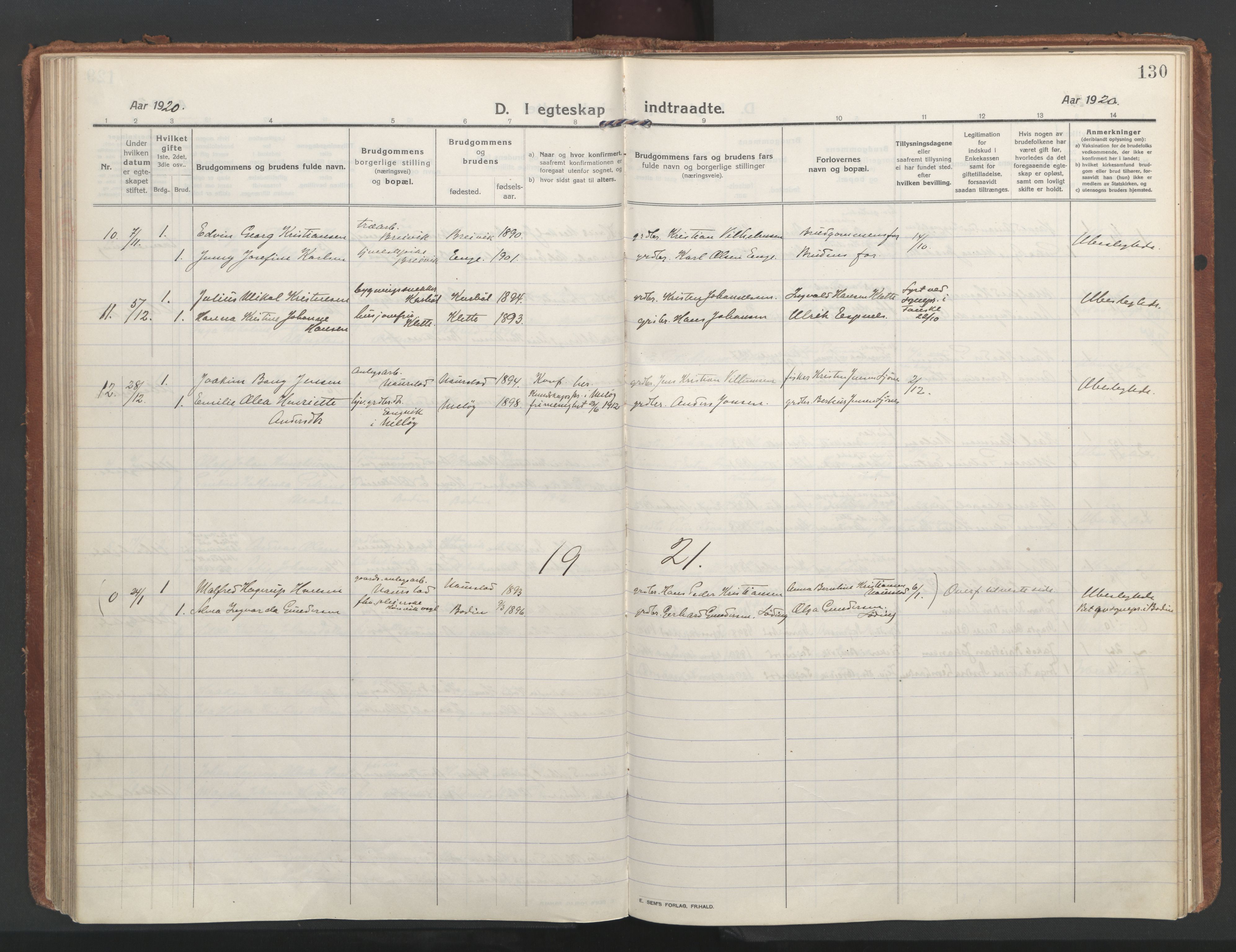 Ministerialprotokoller, klokkerbøker og fødselsregistre - Nordland, SAT/A-1459/852/L0748: Parish register (official) no. 852A18, 1913-1932, p. 130