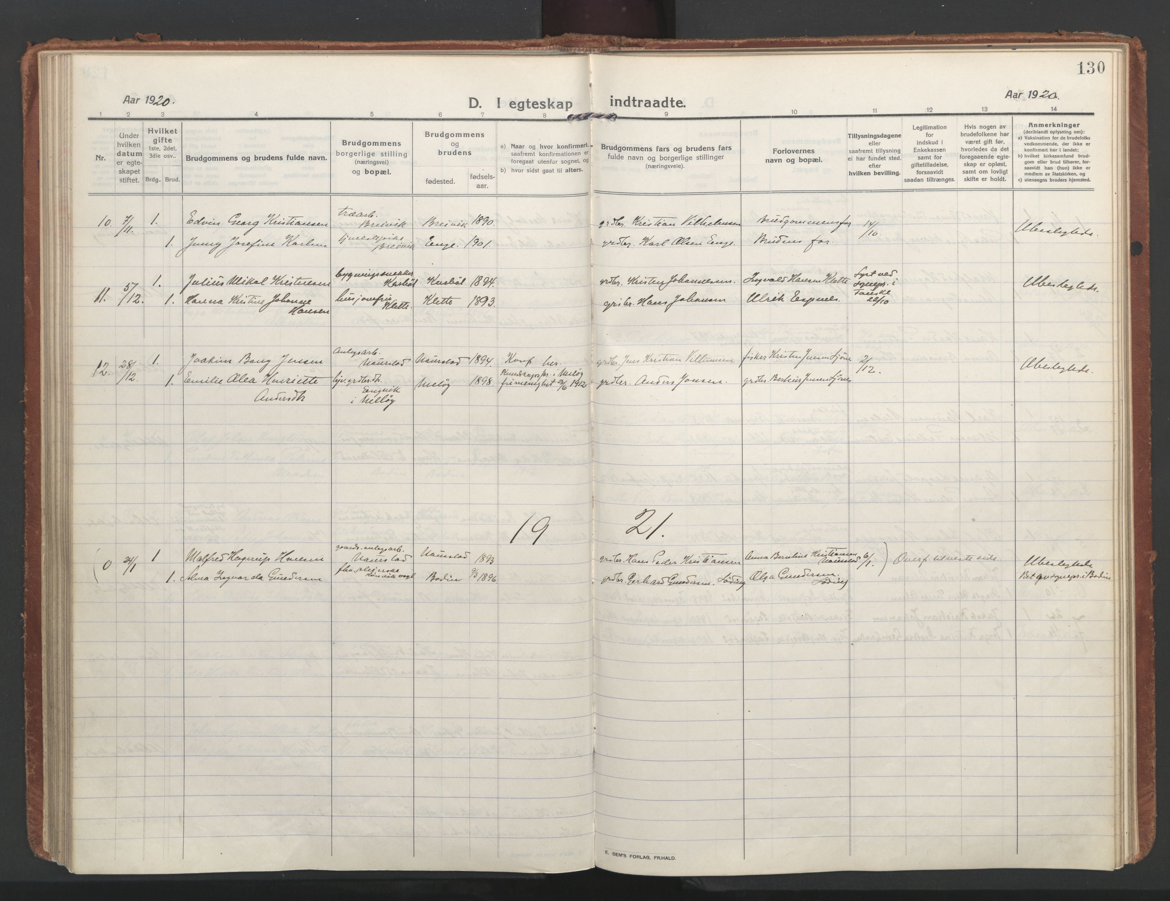 Ministerialprotokoller, klokkerbøker og fødselsregistre - Nordland, AV/SAT-A-1459/852/L0748: Parish register (official) no. 852A18, 1913-1932, p. 130