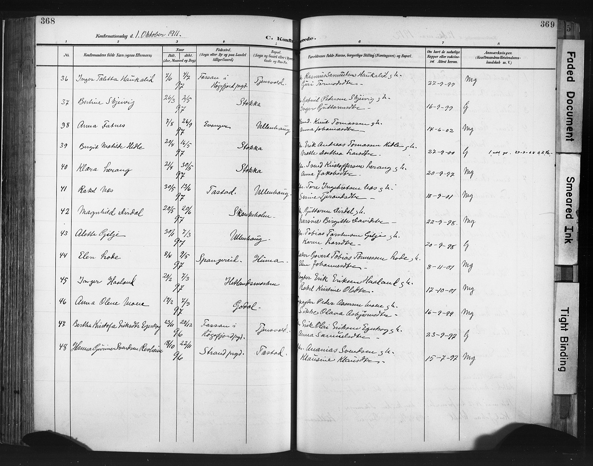 Hetland sokneprestkontor, AV/SAST-A-101826/30/30BA/L0013: Parish register (official) no. A 13, 1904-1918, p. 368-369