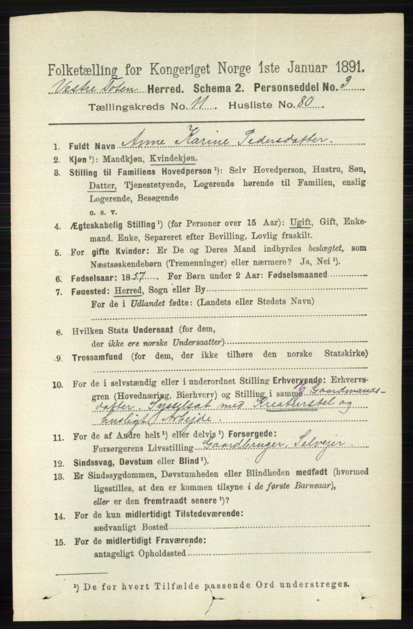 RA, 1891 census for 0529 Vestre Toten, 1891, p. 7190