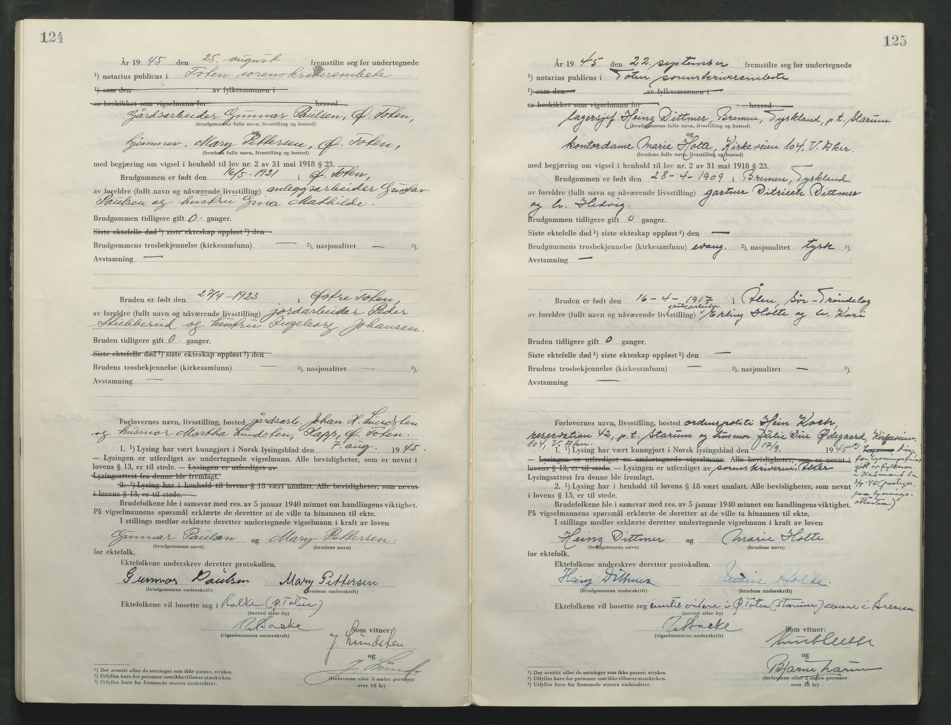 Toten tingrett, AV/SAH-TING-006/L/Lc/L0005: Vigselbok, 1944-1948, p. 124-125