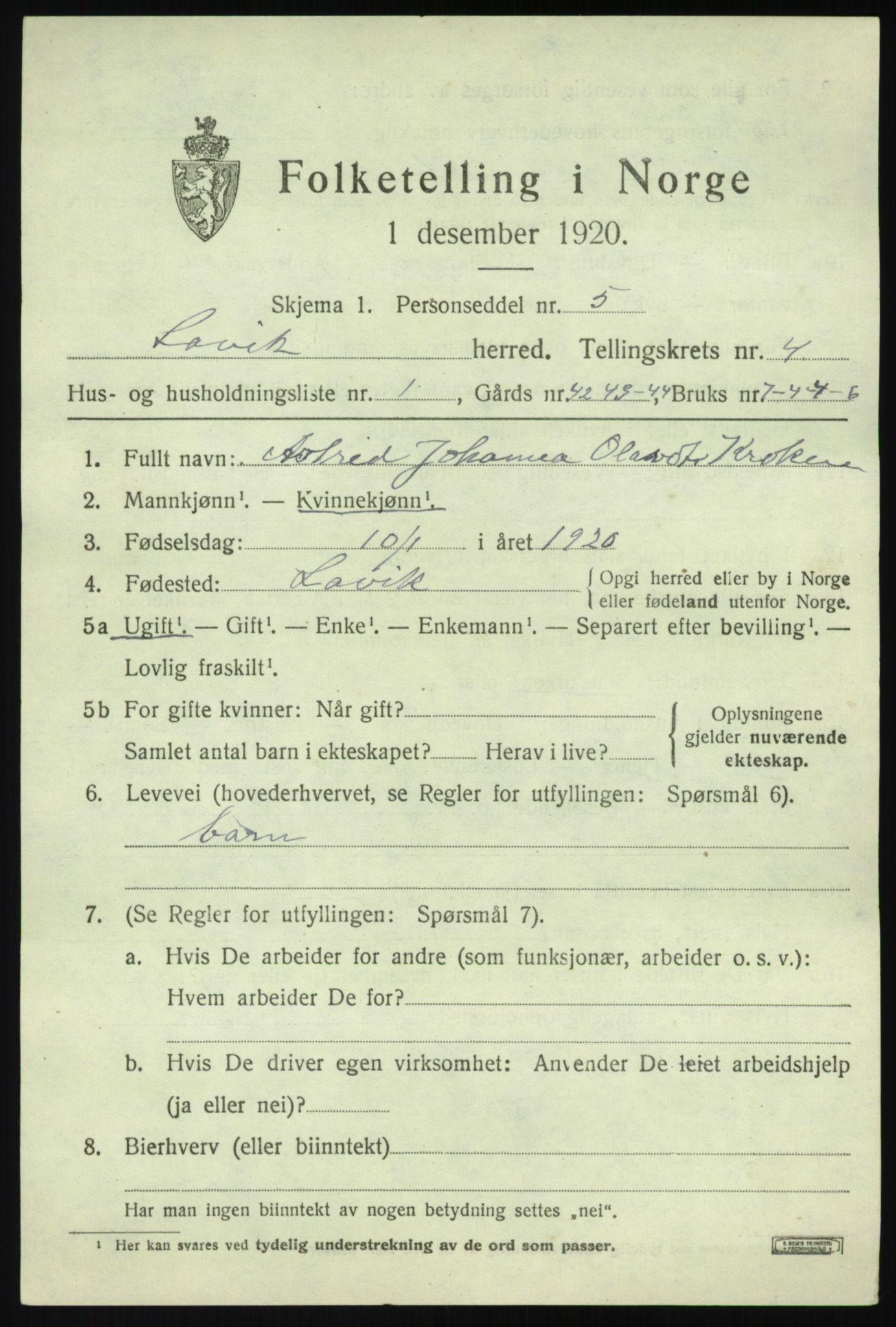 SAB, 1920 census for Lavik, 1920, p. 754