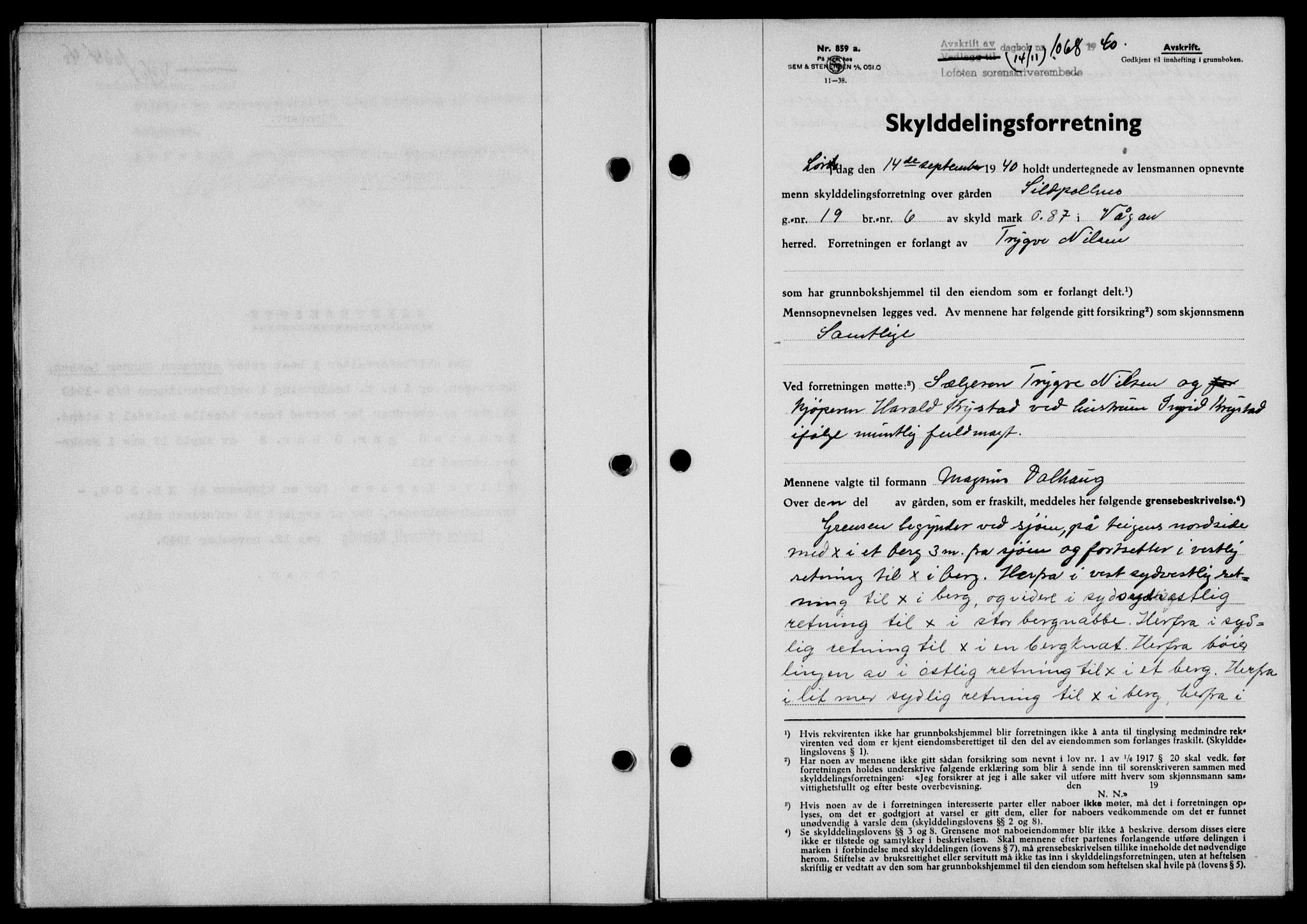 Lofoten sorenskriveri, SAT/A-0017/1/2/2C/L0008a: Mortgage book no. 8a, 1940-1941, Diary no: : 1068/1940