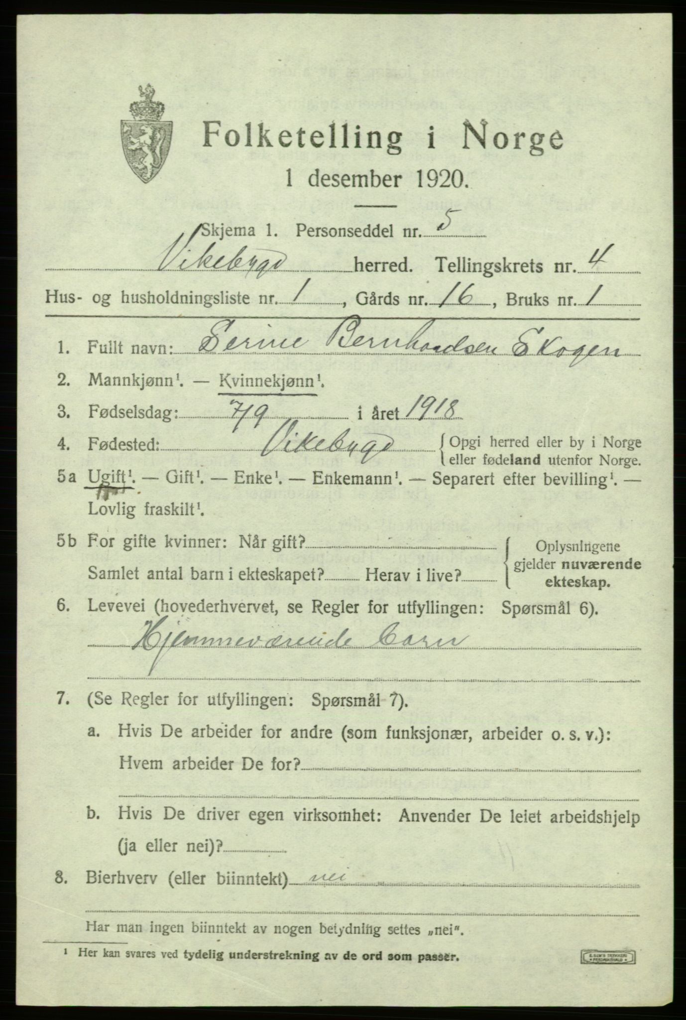 SAB, 1920 census for Vikebygd, 1920, p. 1563