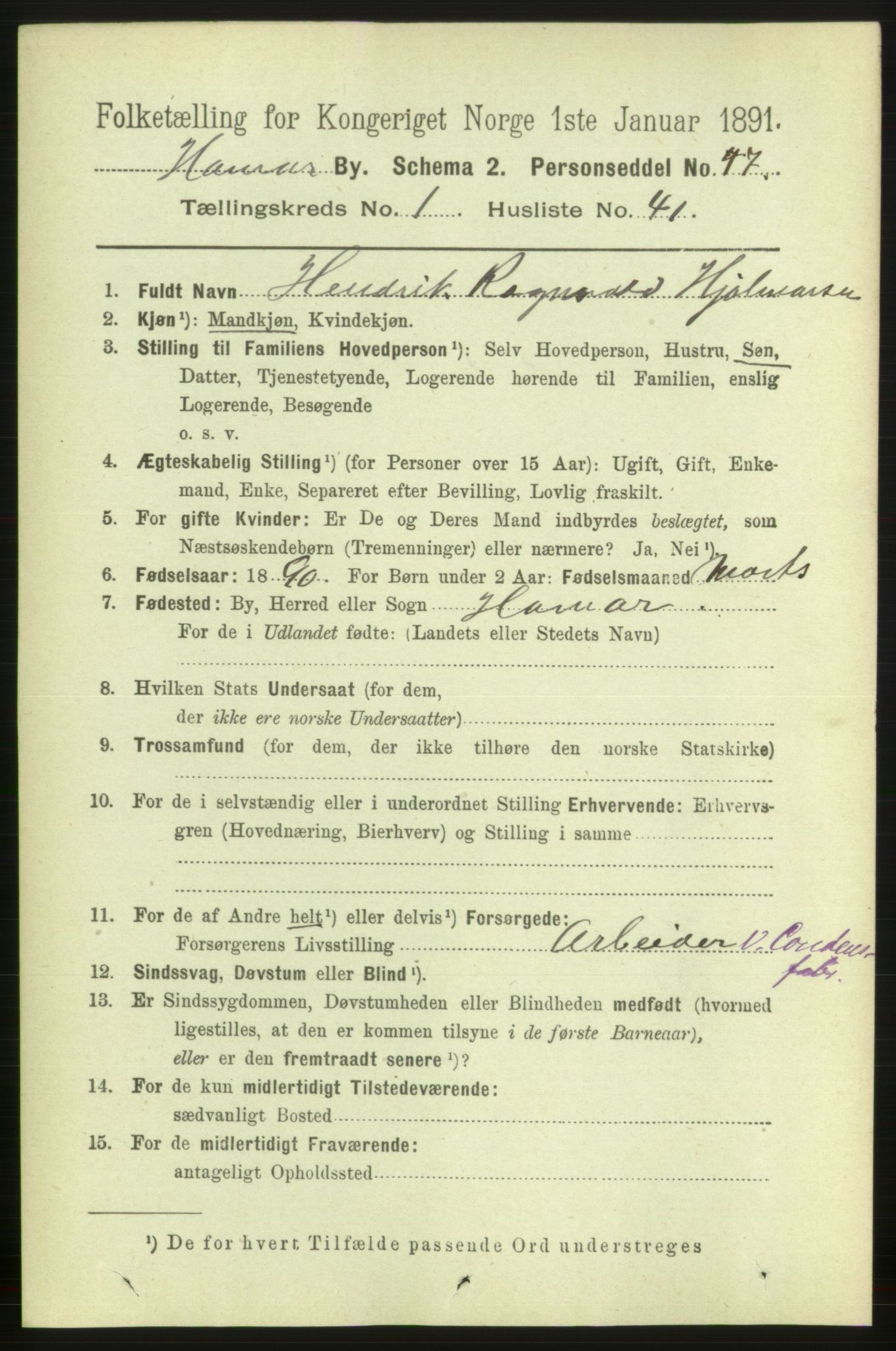 RA, 1891 census for 0401 Hamar, 1891, p. 657