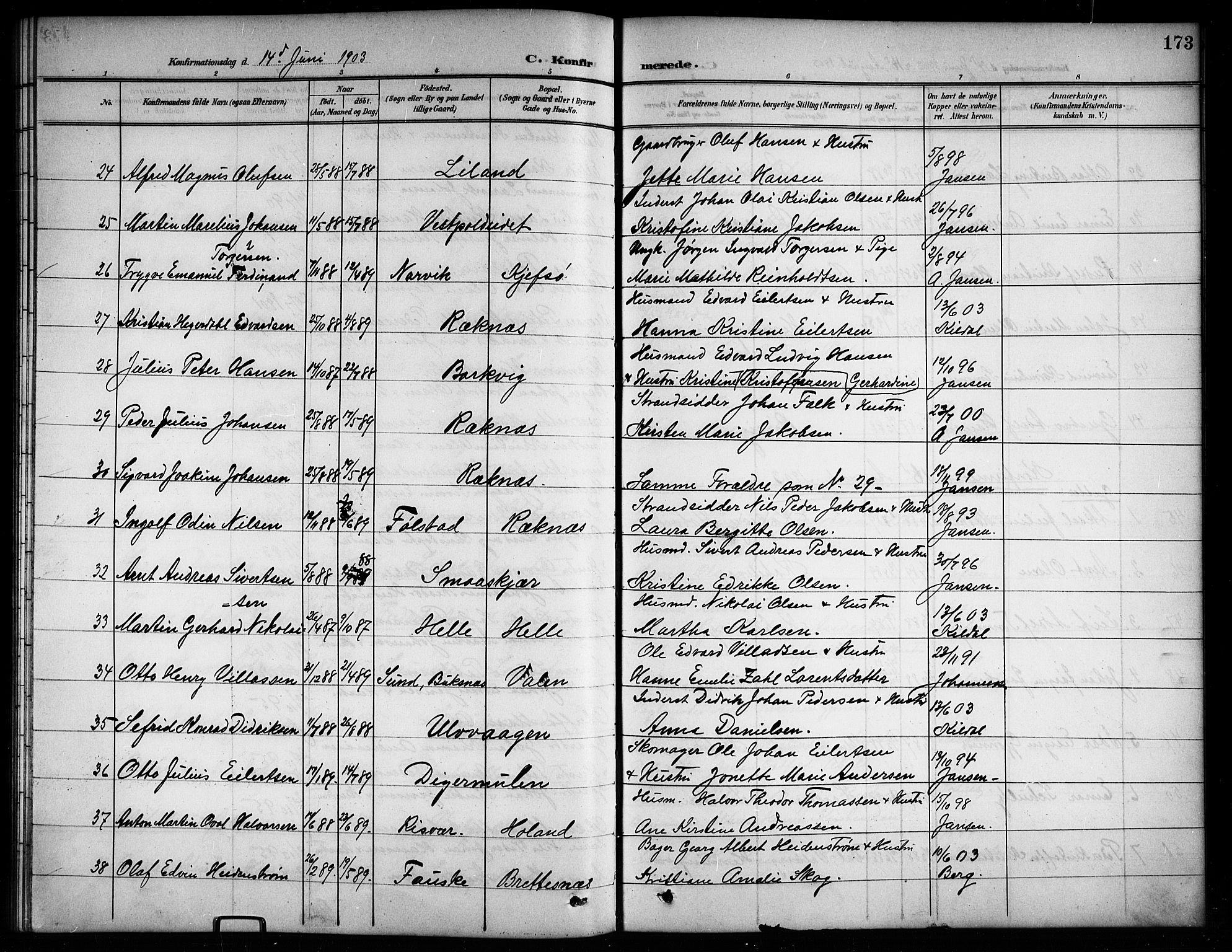 Ministerialprotokoller, klokkerbøker og fødselsregistre - Nordland, AV/SAT-A-1459/874/L1078: Parish register (copy) no. 874C07, 1900-1907, p. 173