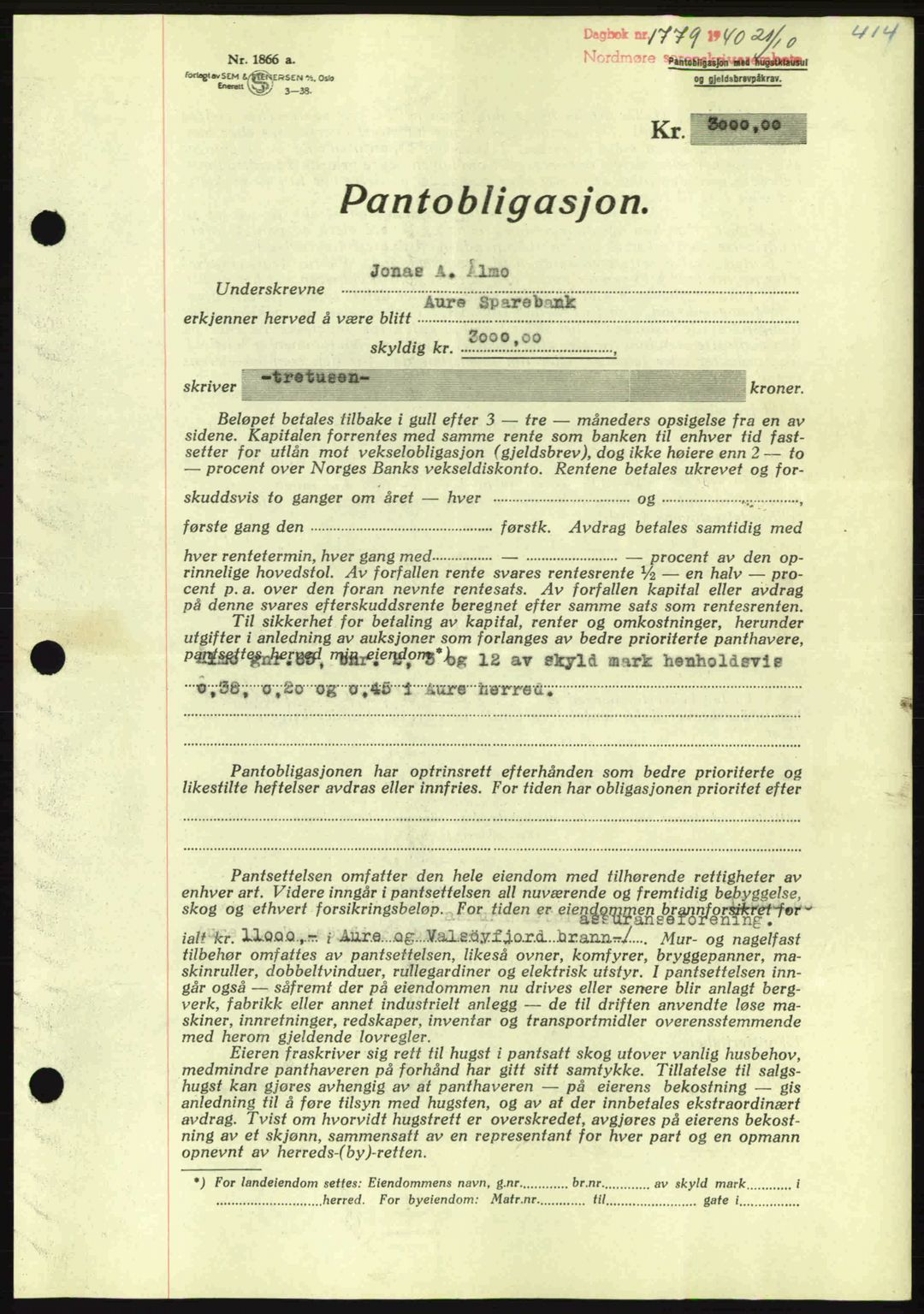 Nordmøre sorenskriveri, AV/SAT-A-4132/1/2/2Ca: Mortgage book no. B87, 1940-1941, Diary no: : 1779/1940