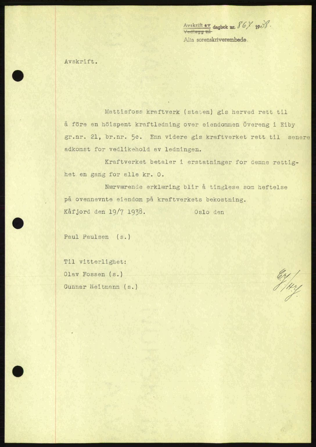 Alta fogderi/sorenskriveri, SATØ/SATØ-5/1/K/Kd/L0031pantebok: Mortgage book no. 31, 1938-1939, Diary no: : 867/1938