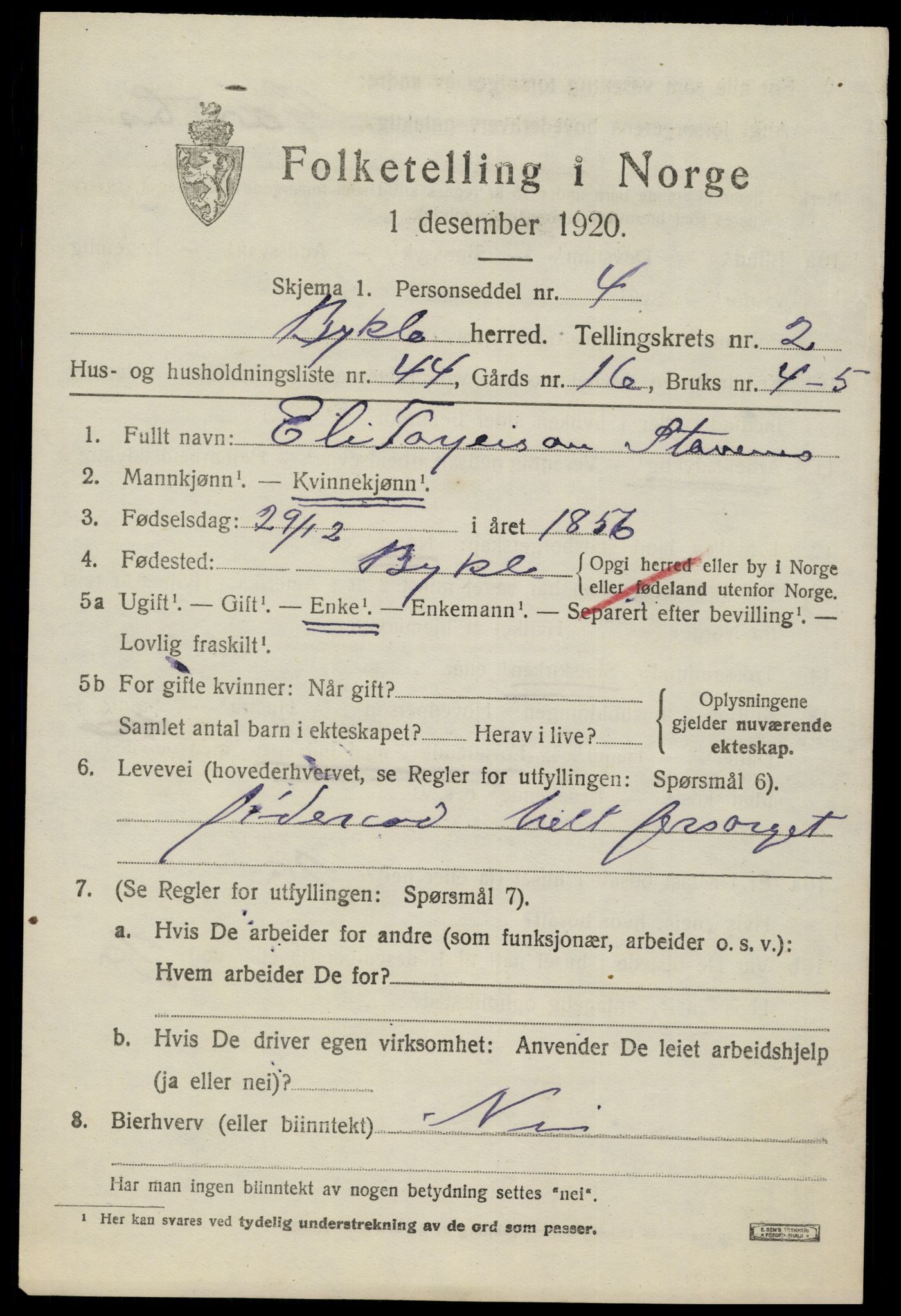 SAK, 1920 census for Bykle, 1920, p. 1021