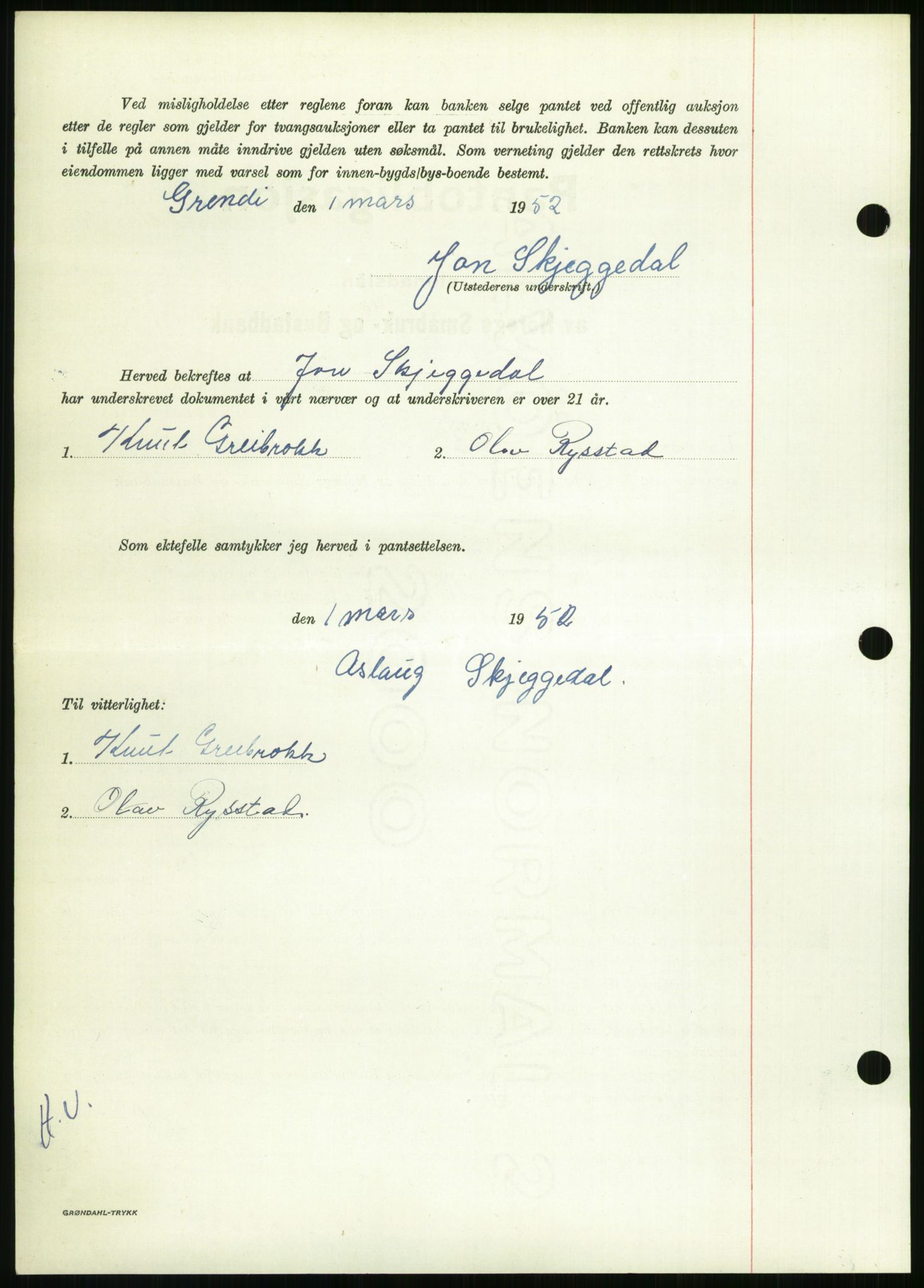 Setesdal sorenskriveri, SAK/1221-0011/G/Gb/L0050: Mortgage book no. B 38, 1949-1952, Diary no: : 94/1952