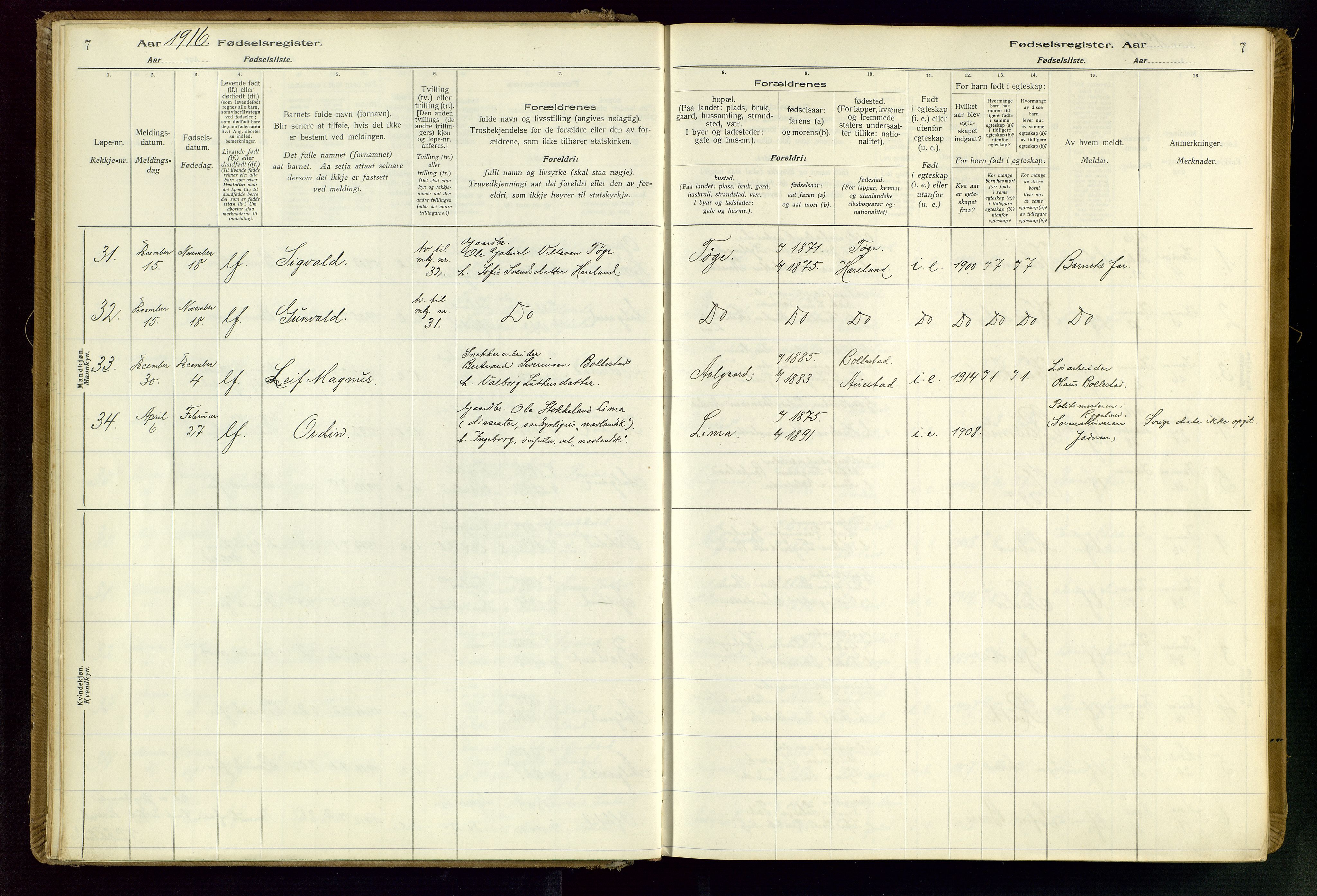 Gjesdal sokneprestkontor, SAST/A-101796/002/O/L0001: Birth register no. 1, 1916-1949, p. 7