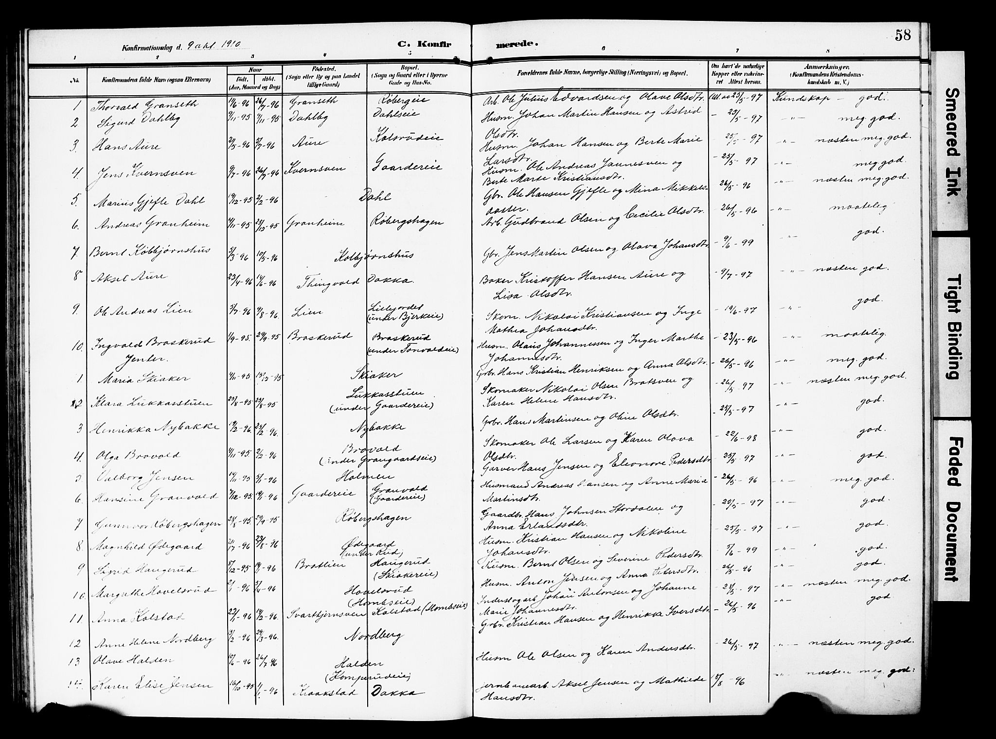 Nordre Land prestekontor, SAH/PREST-124/H/Ha/Hab/L0001: Parish register (copy) no. 1, 1908-1931, p. 58