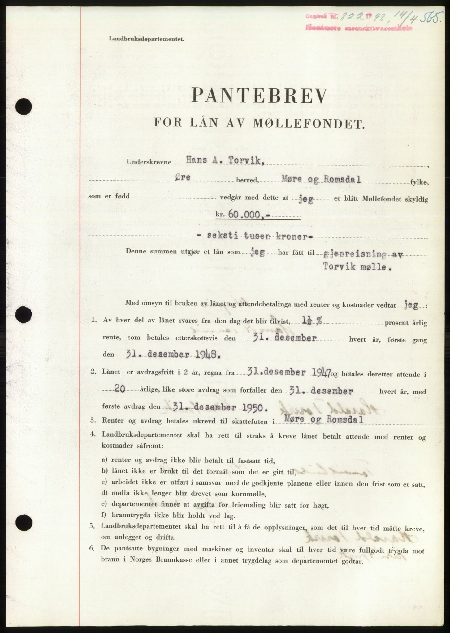 Nordmøre sorenskriveri, AV/SAT-A-4132/1/2/2Ca: Mortgage book no. B98, 1948-1948, Diary no: : 822/1948