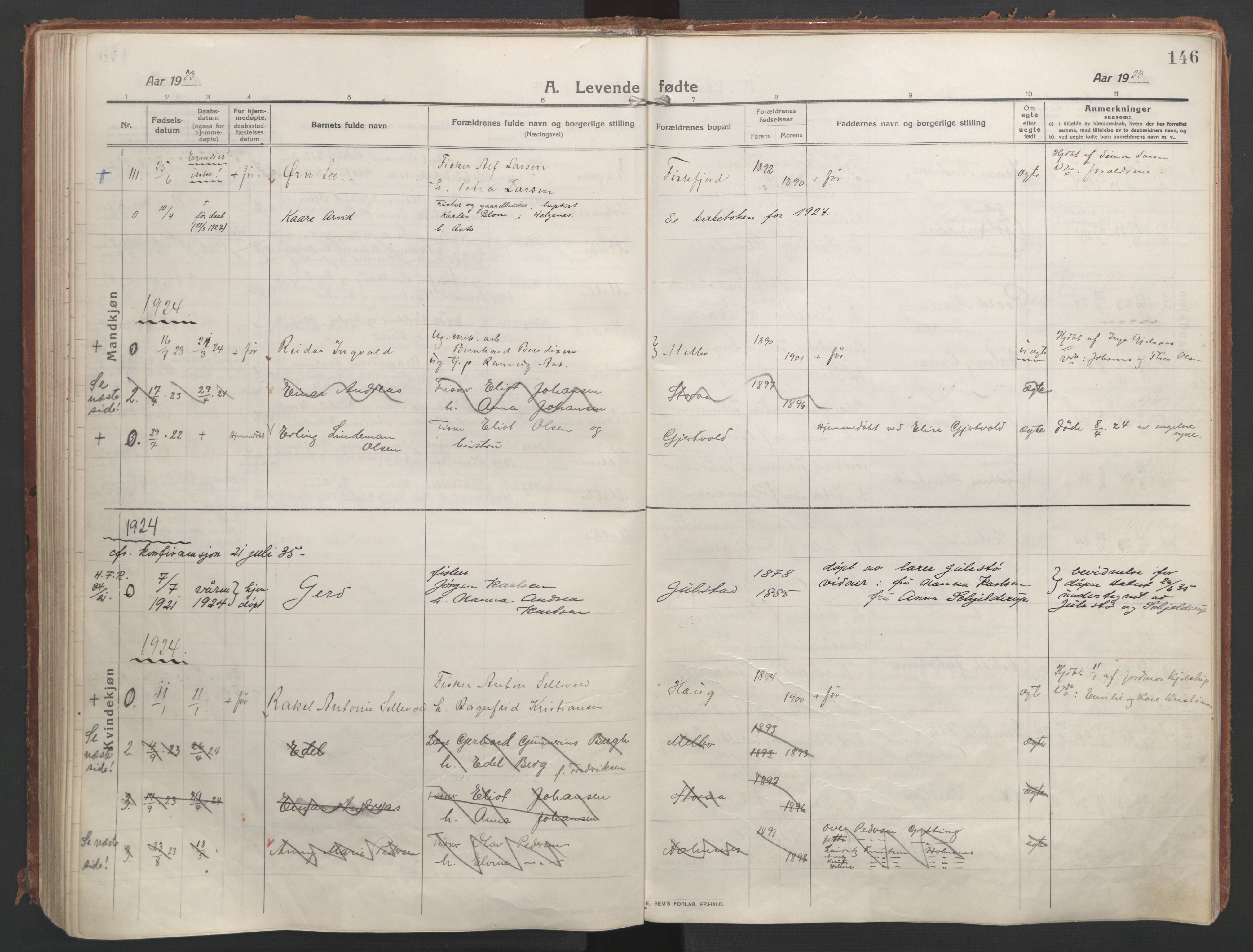 Ministerialprotokoller, klokkerbøker og fødselsregistre - Nordland, AV/SAT-A-1459/888/L1250: Parish register (official) no. 888A16, 1913-1925, p. 146