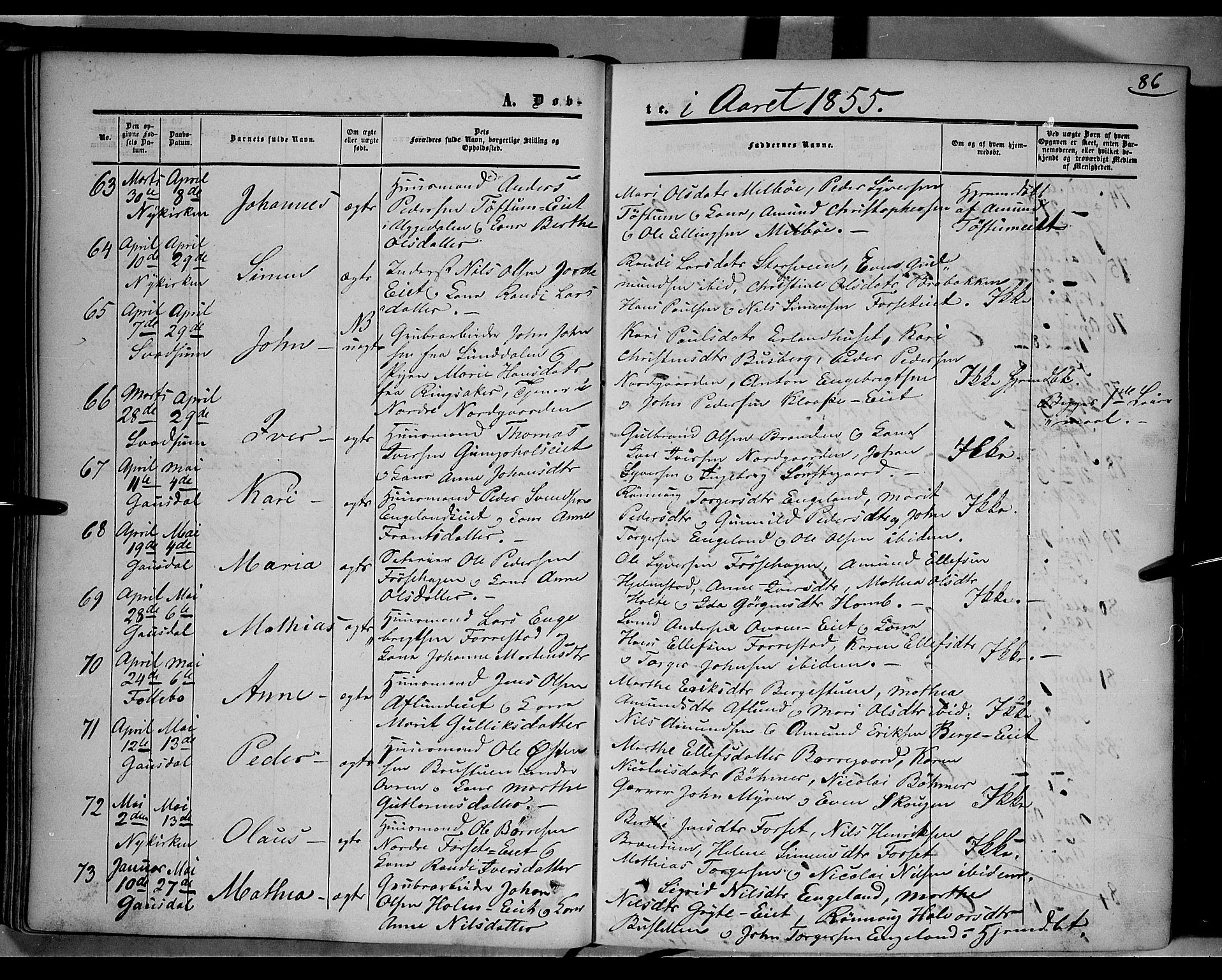 Gausdal prestekontor, SAH/PREST-090/H/Ha/Haa/L0008: Parish register (official) no. 8, 1850-1861, p. 86