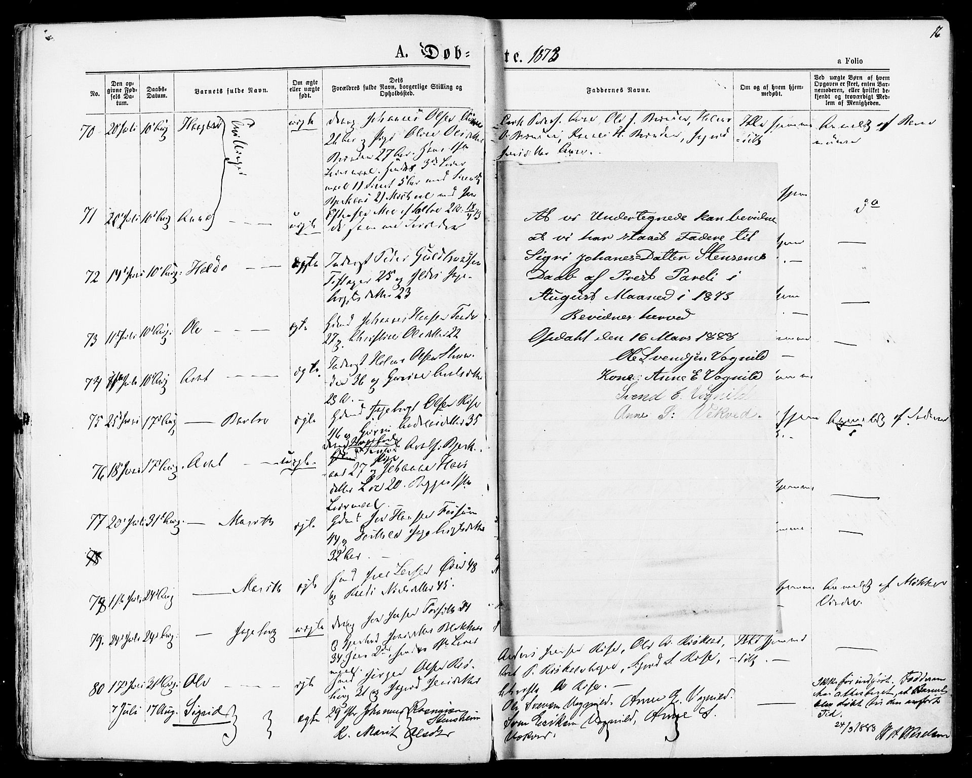 Ministerialprotokoller, klokkerbøker og fødselsregistre - Sør-Trøndelag, SAT/A-1456/678/L0900: Parish register (official) no. 678A09, 1872-1881, p. 16