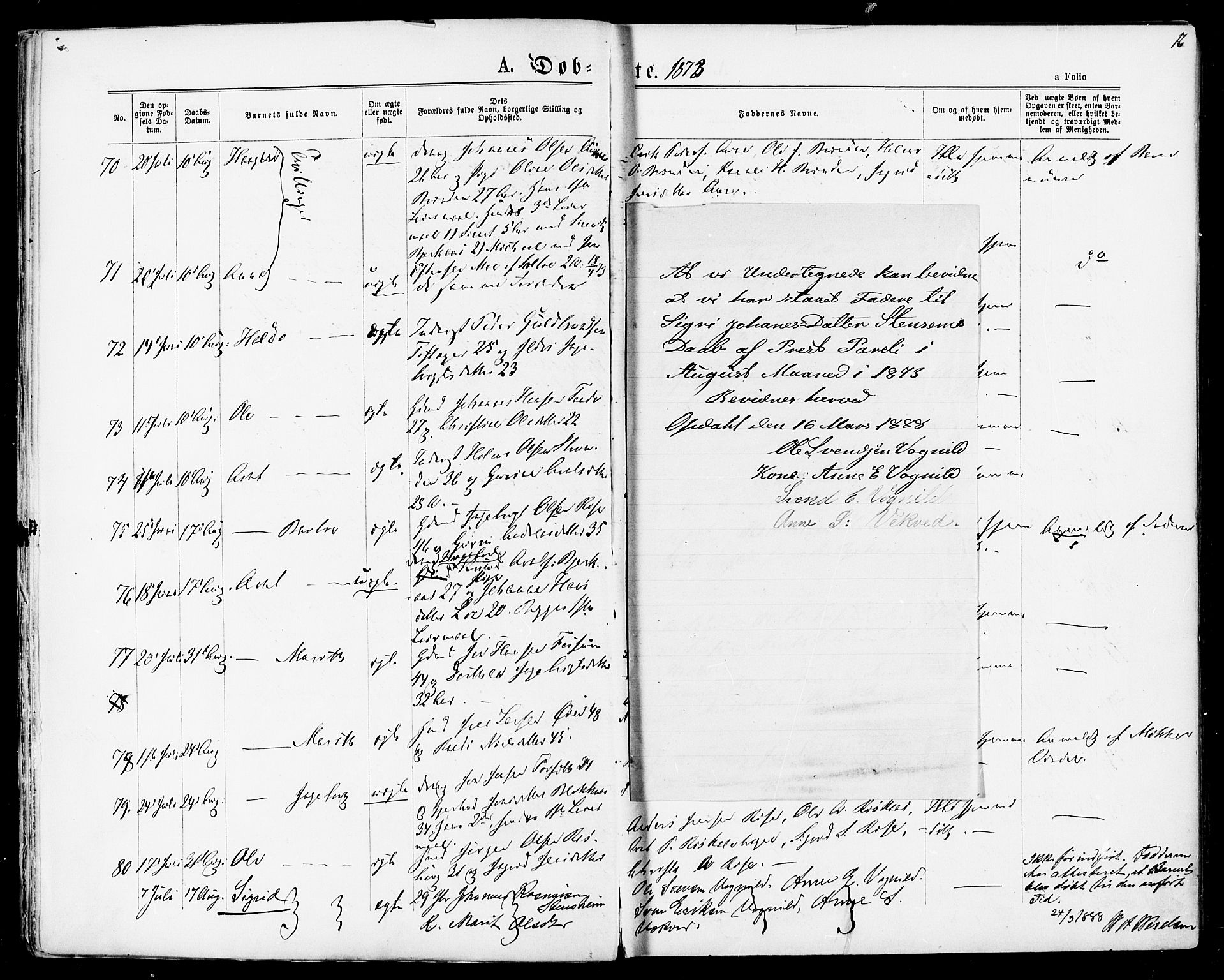 Ministerialprotokoller, klokkerbøker og fødselsregistre - Sør-Trøndelag, AV/SAT-A-1456/678/L0900: Parish register (official) no. 678A09, 1872-1881, p. 16