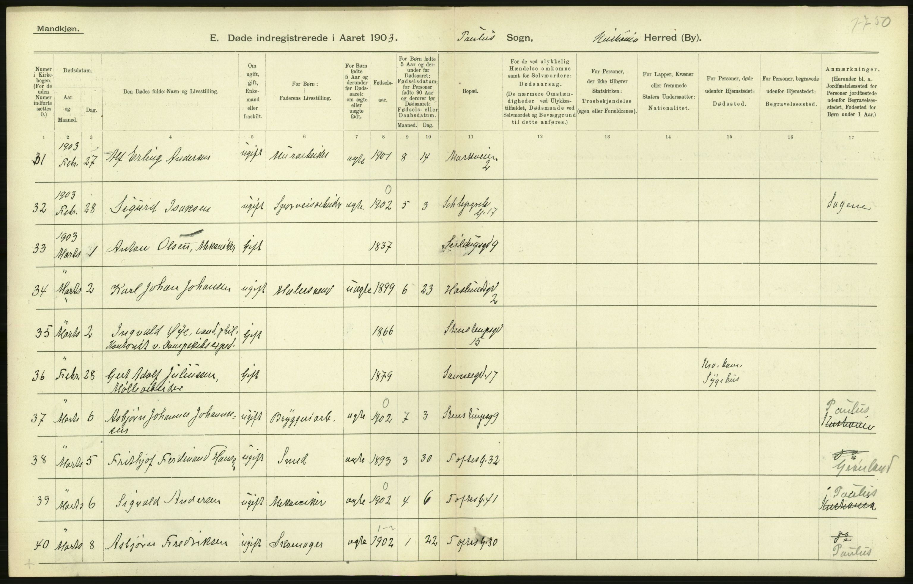 Statistisk sentralbyrå, Sosiodemografiske emner, Befolkning, AV/RA-S-2228/D/Df/Dfa/Dfaa/L0004: Kristiania: Gifte, døde, 1903, p. 306