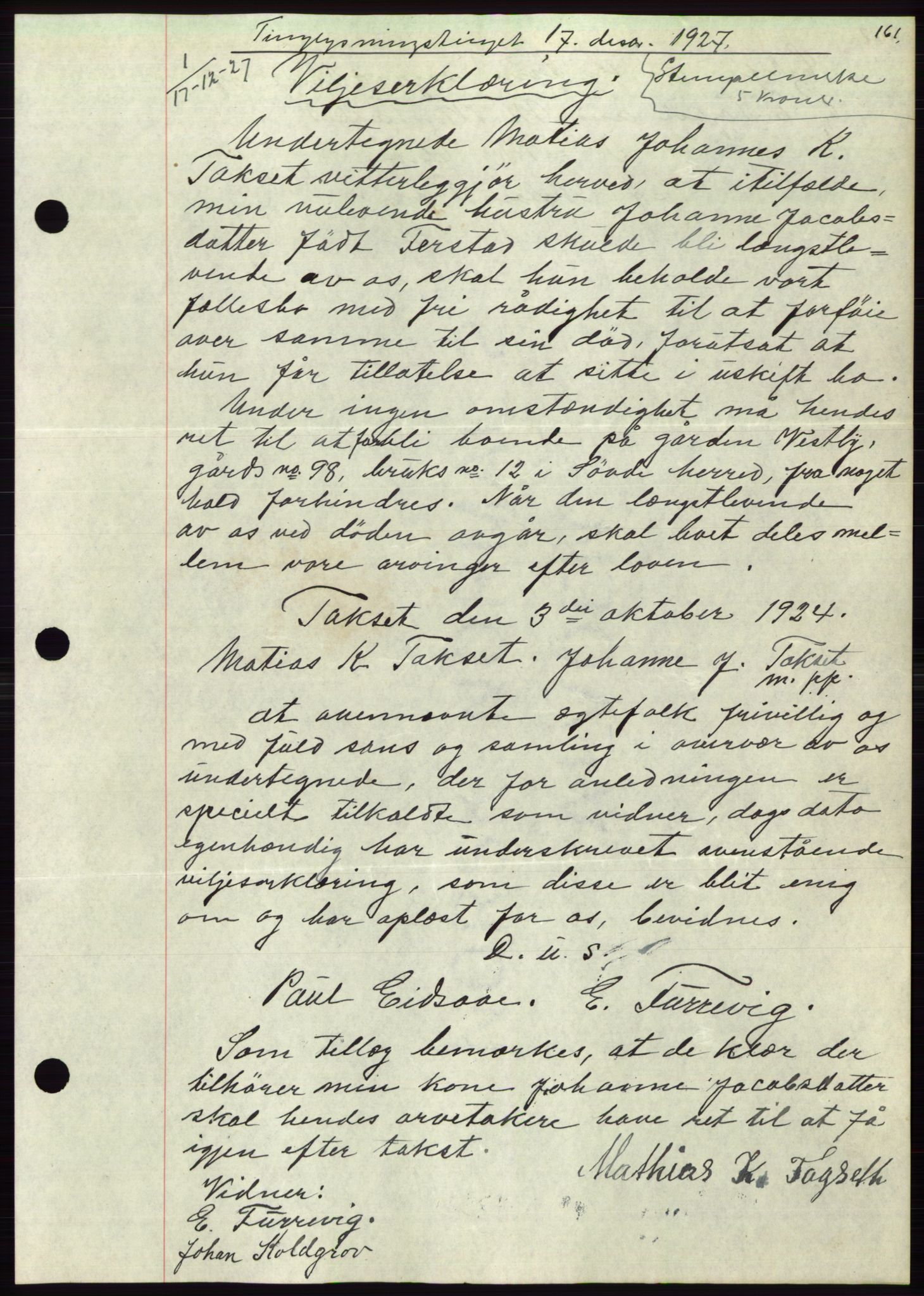 Søre Sunnmøre sorenskriveri, AV/SAT-A-4122/1/2/2C/L0047: Mortgage book no. 41, 1927-1928, Deed date: 17.12.1927